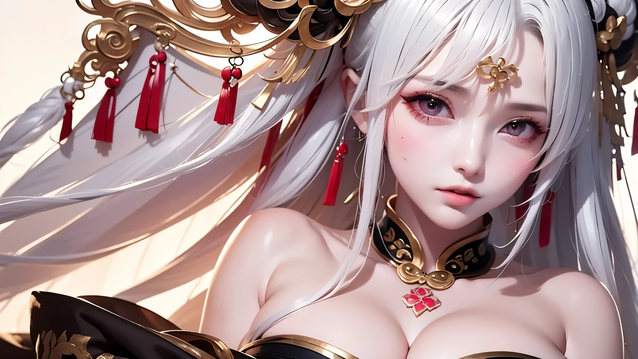 super high quality, masterpiece, Perfect illustration, Very detailed:1.6, 1girl, 23 years old, cute girl, white hair, sharp and big beautiful eyes, large breasts, bright skin, Tattoo under the eyes. fantasy royalty, onmyoji, majesty, asian dress. black and gold clothes. simple background
