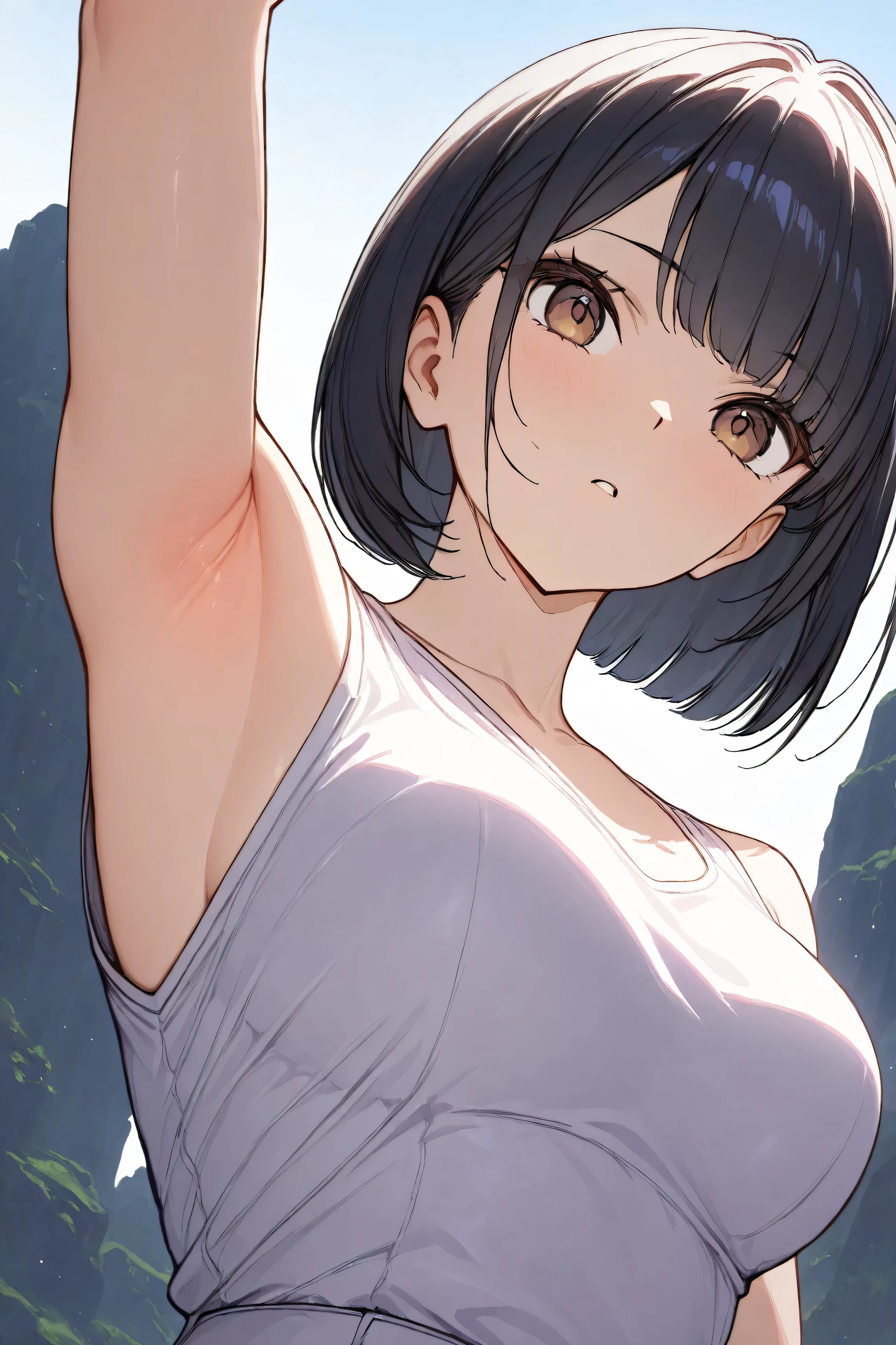 (masterprice, HD, 2k, High Resolution) 1girl, bob cut, black hair, brown eyes, white appron, short sleeveless (armpits, armpit crease, armpits detailed) detailed skin, anime art, Anime Style, Anime, Simple background.