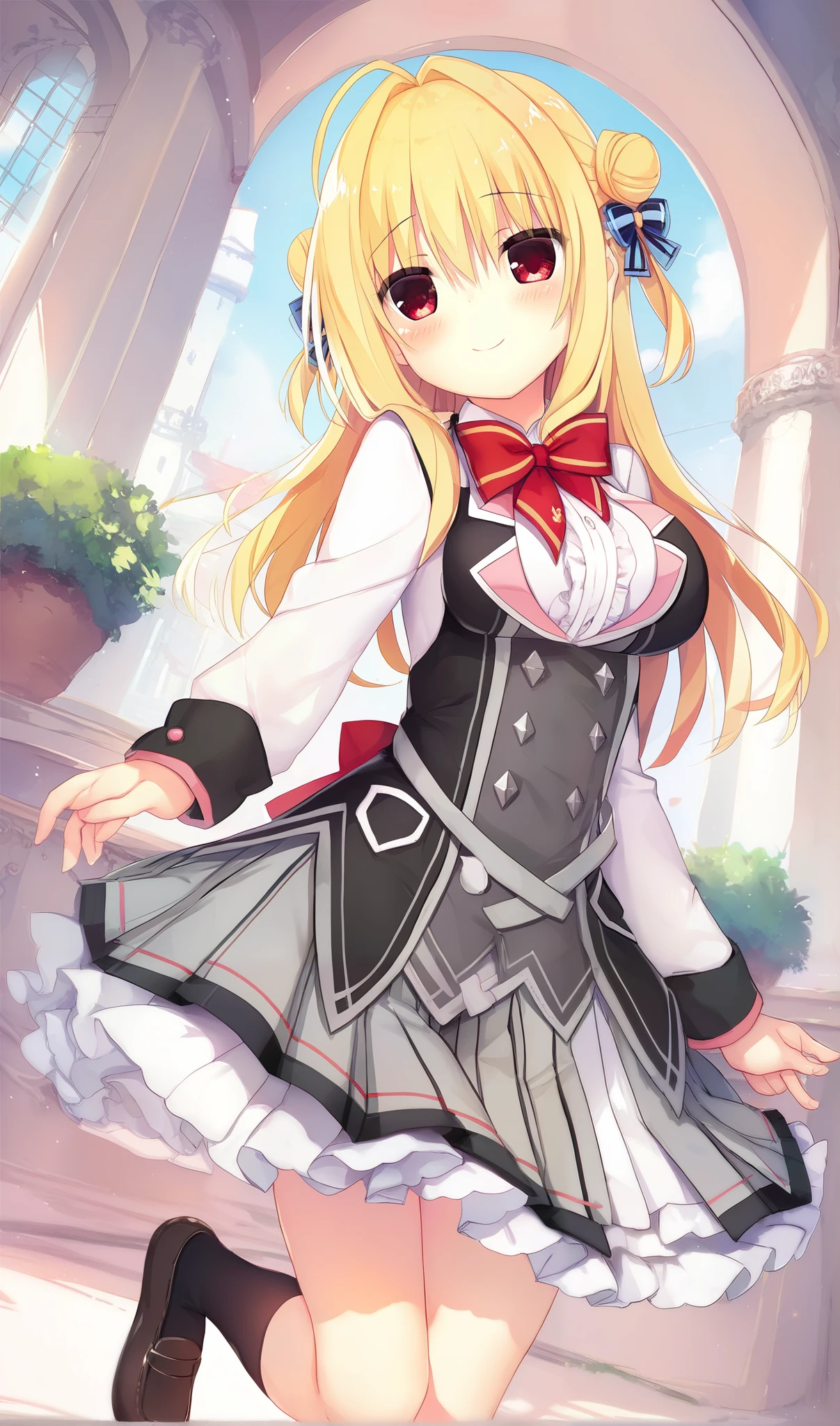 hiyori-default,red Eyes,blond, Double bun,Ahog,School Uniform,  red bow,frills,shirt,Pleated Skirt,Frill Skirt , Black socks, blush,Living_Room,Arch_Back,one_Eye_closure,Smile