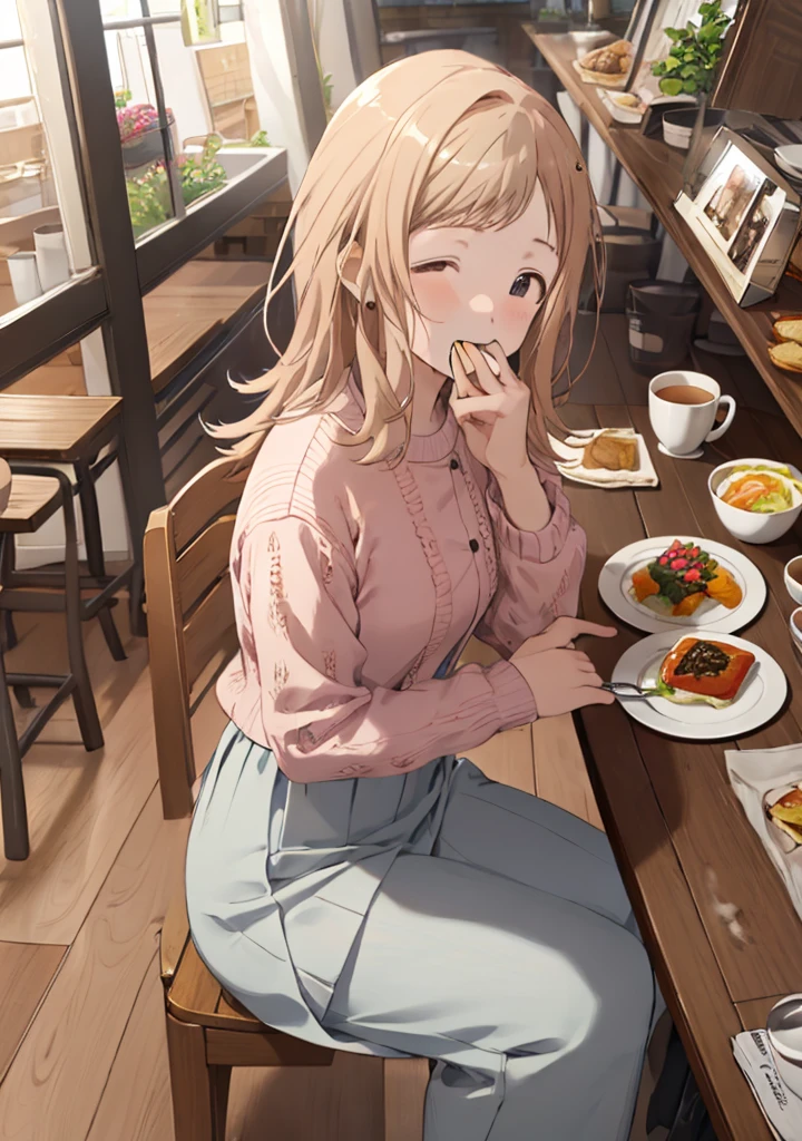 Sakuragi Hand  ( idolmaster), ( top quality, 8k,   masterpieces during breakfast ,  very detailed:1.2), ( lens flare, Particles of light, Shine),   masterpieces during breakfast ,  top quality,  very detailed,  high definition ,  very detailedなCG,   masterpieces during breakfast ,  top quality,  very detailed,  high definition ,  very detailedなCG,  official art, white idol costume,  white pleated skirt,Restaurant、 bread is lined up 、 coffee beans 、Coffee specialty store 、 sit in your favorite seat、 eat with coffee and bread 、Putting bread in your mouth