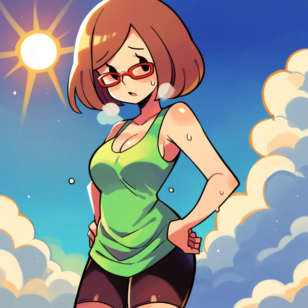 zPDXL, score_9_up, score_8_up, score_7_up, best quality,  source_anime, blue background, clouds, sun, sun rays, detailed background, BREAK 1girl, solo, nikki_(/swapnote/), brown hair, dot eyes, red glasses, bob cut, green tank top, no sleeves, bike shorts, cleavage, hands behind head, parted lips, cowboy shot, tired, exhuasted, out of breath, sweating, breathless, sweating profously, drenched in sweat, chin sweat, hands on hips, 