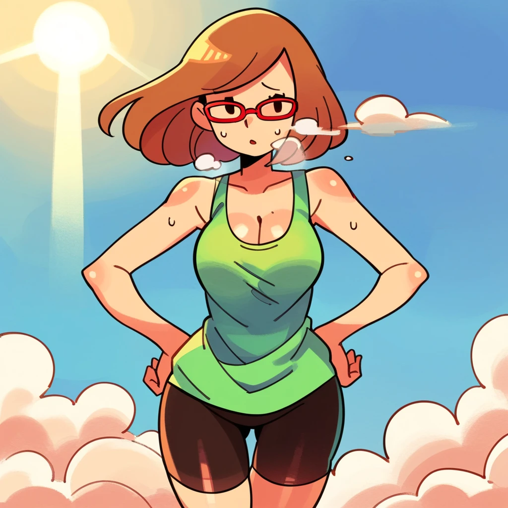 zPDXL, score_9_up, score_8_up, score_7_up, best quality,  source_anime, blue background, clouds, sun, sun rays, detailed background, BREAK 1girl, solo, nikki_(/swapnote/), brown hair, dot eyes, red glasses, bob cut, green tank top, no sleeves, bike shorts, cleavage, hands behind head, parted lips, cowboy shot, tired, exhuasted, out of breath, sweating, breathless, sweating profously, drenched in sweat, chin sweat, hands on hips, 