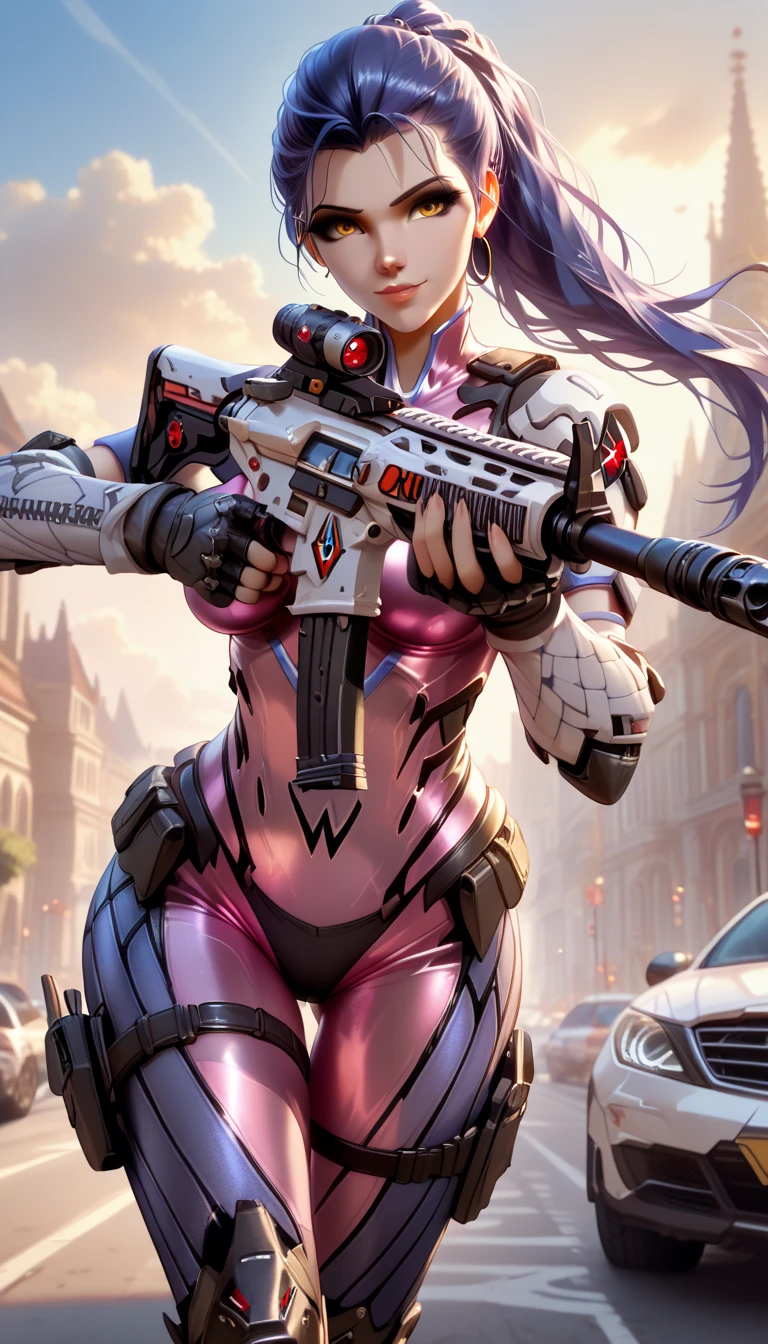 ultra-detailed, 1girl, Widowmaker, Overwatch, ((masterpiece)), (best quality), (highres), 16K, purple hair, long hair, yellow eyes, wearing tactical gear, tactical belt, knee pads, boots, black panties, busty body, large breasts and a beautiful ass, showcasing cleavage, legs, hips, (holding assault rifle), looking at viewer, smile, detailed face, detailed hair, detailed body, night street background