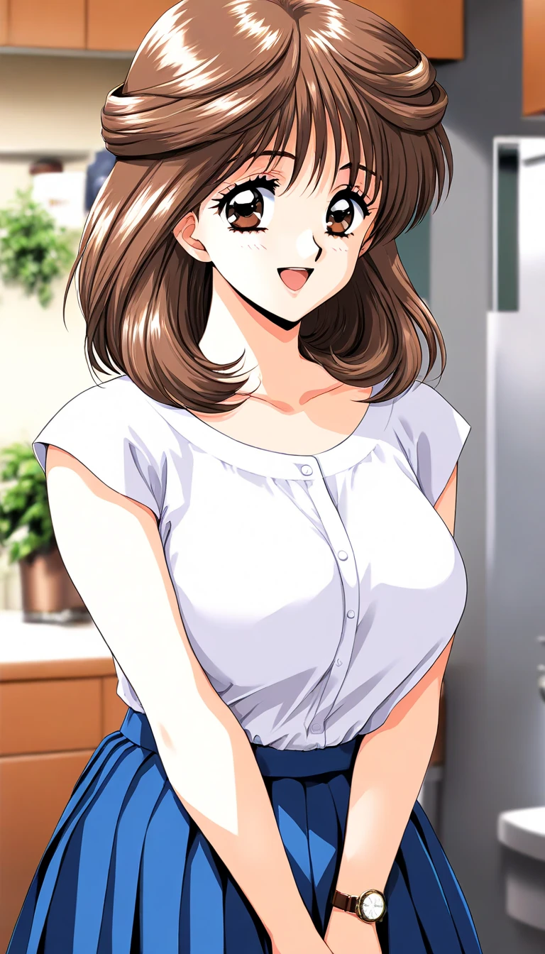   masterpieces during breakfast ,  top quality, Good quality, Mochida Mako ,  brown hair,  Brown Eyes ,  medium hair up to buttocks,  Big Breasts , , smile,  open mouth,
 1 girl, Alone, smile,  skirt,  Watch viewers, indoor, Short sleeve,  shirt,  Retro Art Style , , blue  skirt,  upper body, pleated  skirt,  v arms,
bangs,