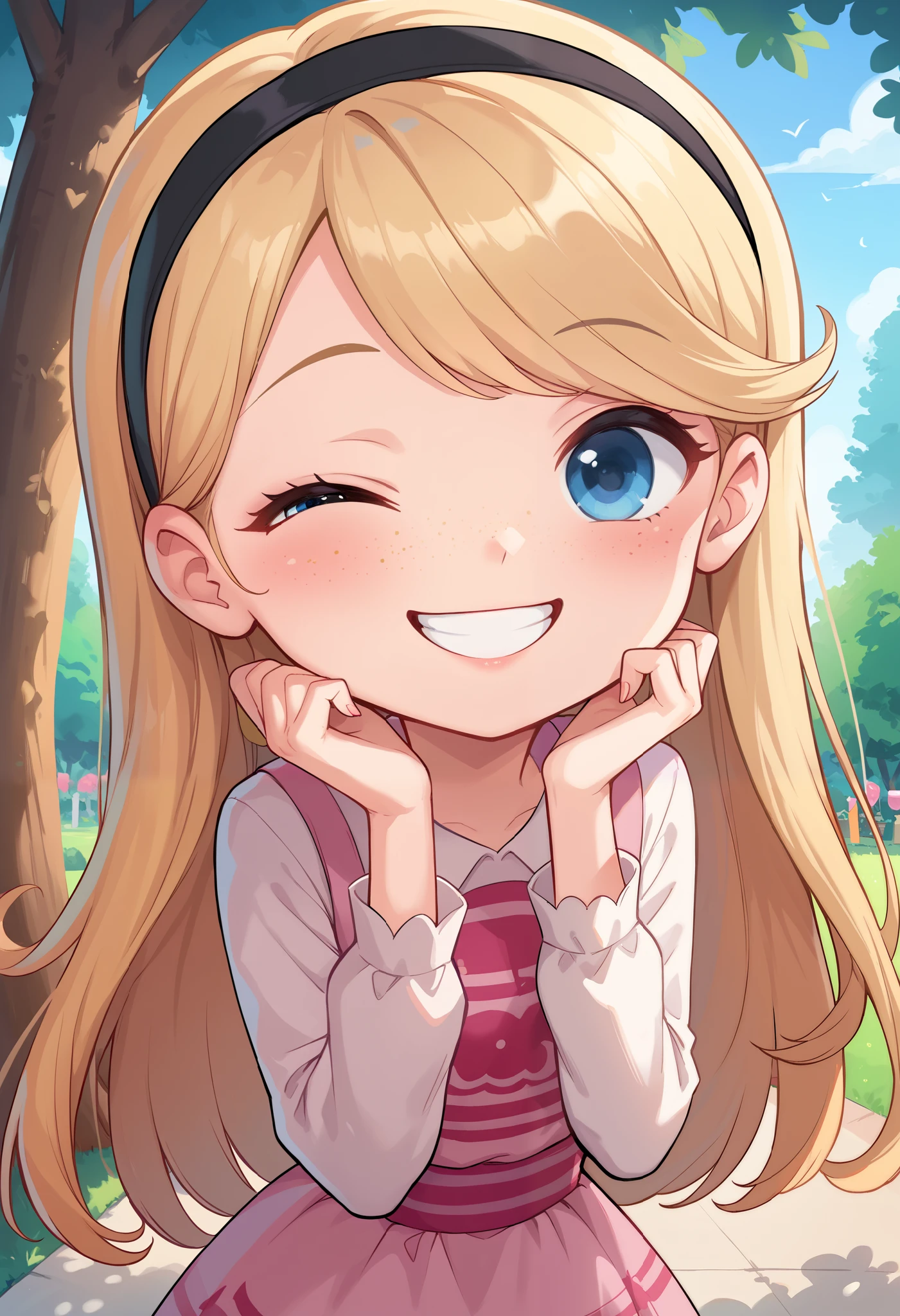 best quality, masterpiece, highly detailed, 1girl, penny peterson, long hair, blue eyes, freckles, blonde hair, skirt, hairband, black hairband, white long tube socks, dress, pink dress, long sleeves, mary janes, cute smile, happy, giggling Expression, laughter, teeth, one eye closed, Sakura trees, joyful, close up, excited expression ,brightly sunshine, beautiful art, looking at viewer