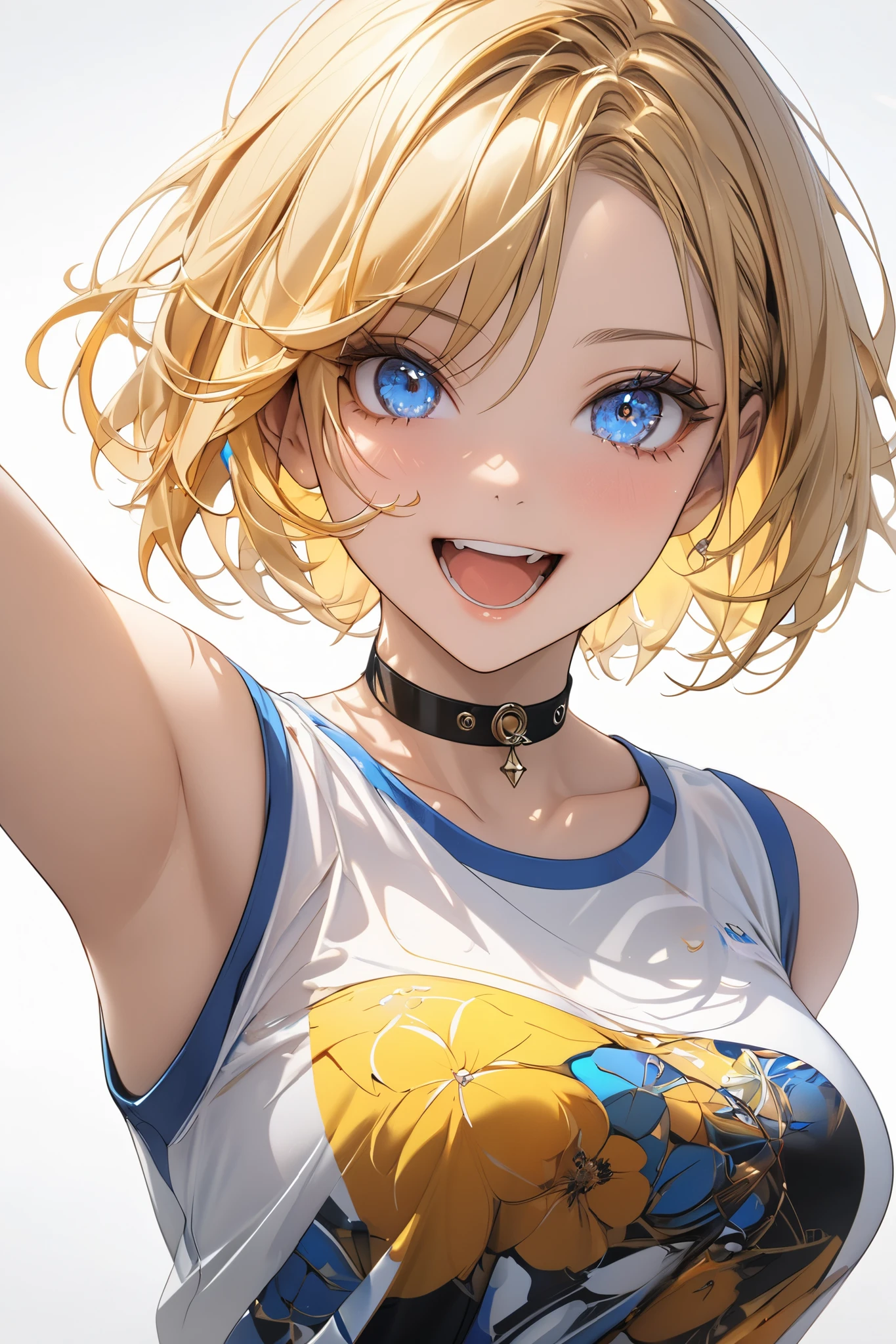 Anime girl with blonde hair and blue eyes holding up a cell phone ...