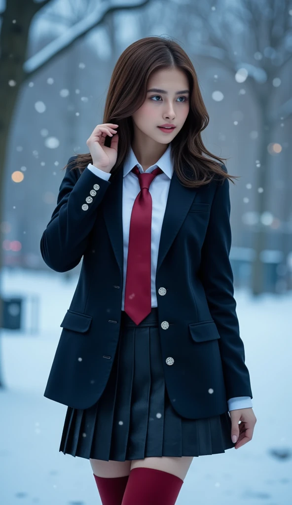 In this 8k RAW masterpiece, a young woman stands amidst a serene snowfall, surrounded by delicate snowflakes and misty atmosphere. Her dark blazer with silver buttons complements the flowing pleated skirt, while a bold crimson tie and tights add a striking pop of color against the snowy backdrop. Soft, cinematic lighting casts a bluish glow, amplifying the dreamy ambiance as iridescent particles dance around her. She's lost in thought, holding her hand to her ear with an introspective expression.