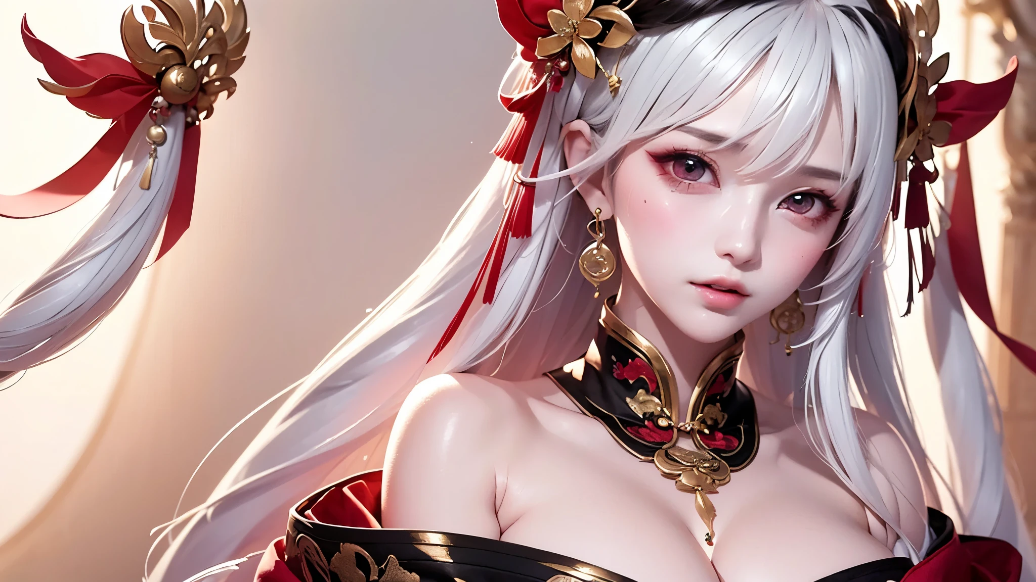 super high quality, masterpiece, Perfect illustration, Very detailed:1.6, 1girl, 23 years old, cute girl, white hair, sharp and big beautiful eyes, large breasts, bright skin, Tattoo under the eyes. fantasy royalty, onmyoji, majesty, asian dress. black and gold clothes. simple background
