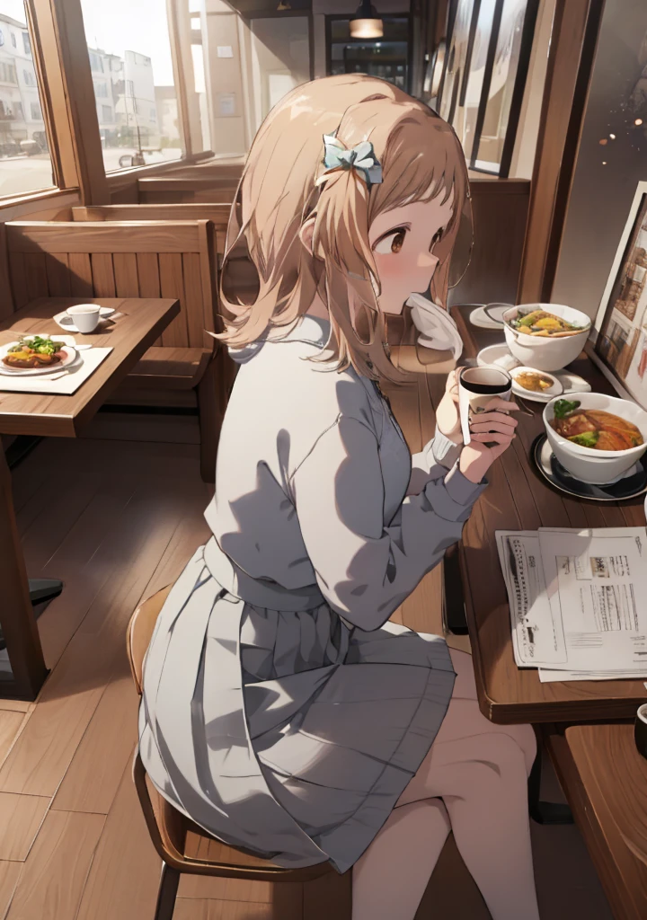 Sakuragi Hand  ( idolmaster), ( top quality, 8k,   masterpieces during breakfast ,  very detailed:1.2), ( lens flare, Particles of light, Shine),   masterpieces during breakfast ,  top quality,  very detailed,  high definition ,  very detailedなCG,   masterpieces during breakfast ,  top quality,  very detailed,  high definition ,  very detailedなCG,  official art, white idol costume,  white pleated skirt,Restaurant、 bread is lined up 、 coffee beans 、Coffee specialty store 、 sit in your favorite seat、 eat with coffee and bread 、Putting bread in your mouth