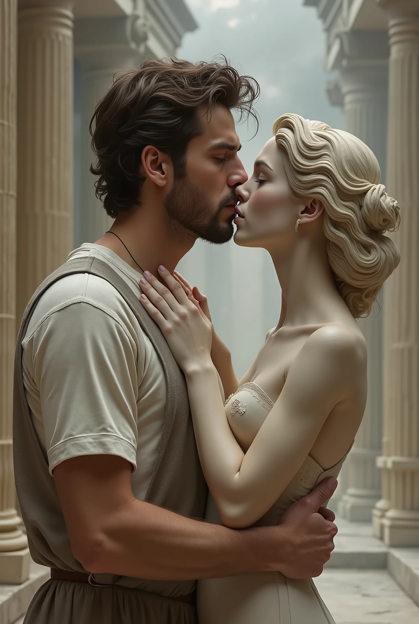 brutal attractive man,   kisses an antique sculpture of a woman