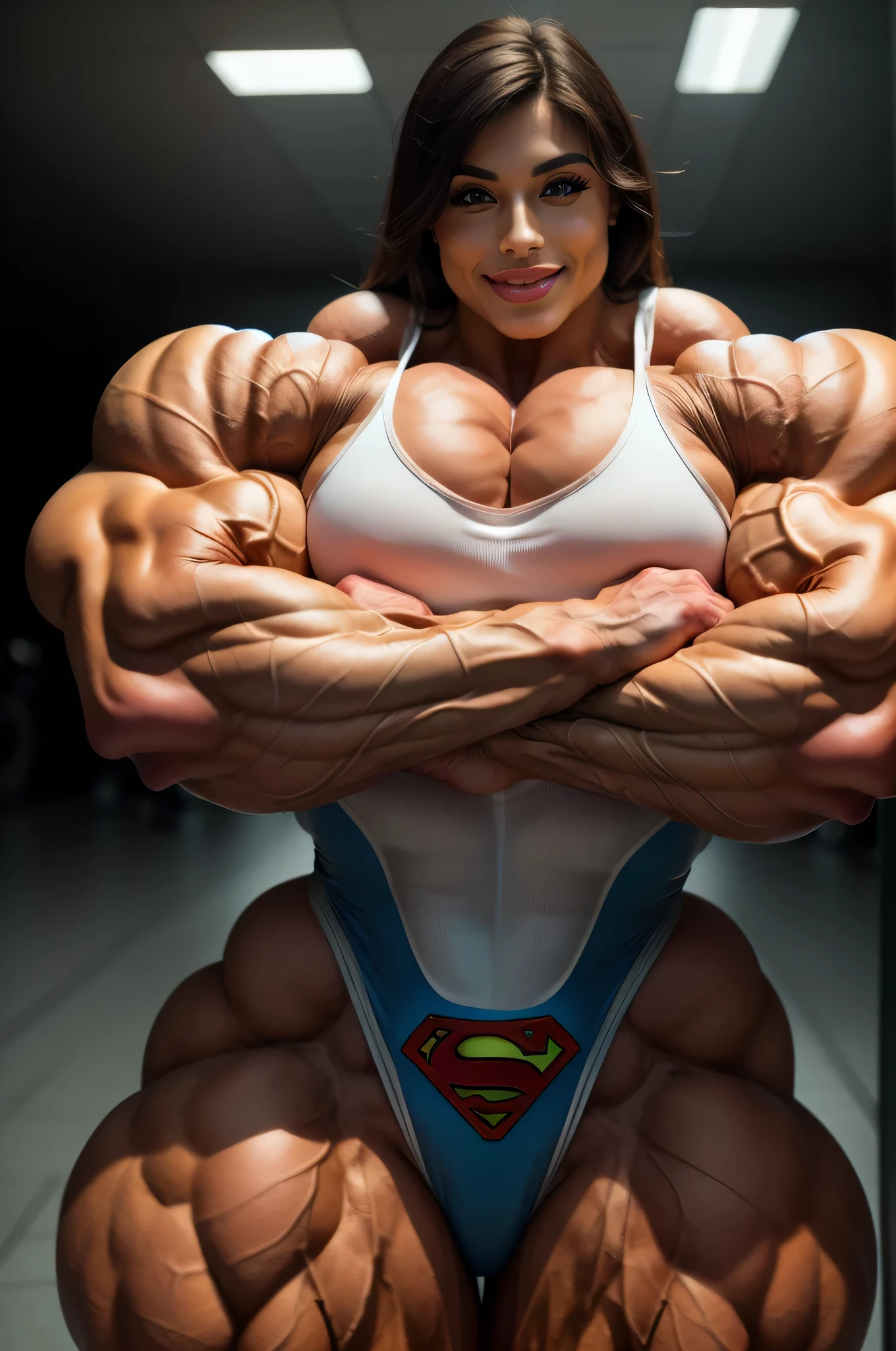 very attractive muscular woman wearing glittering minidress with turtleneck and sleeves, female bodybuilder, smart and sophisticated woman