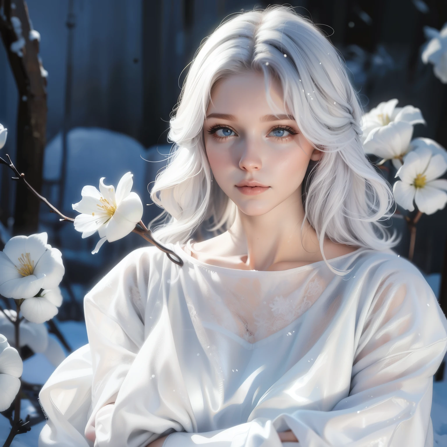 1girll,(Snow,Ice), snowflower, In winter, White hair, Shiny hair, Wavy hair, Transparent clothes, frilld, Lace, Wet clothes, Off_Shoulder, hair scrunchie,Masterpiece, Telephoto lens, absurderes, Exquisite facial features