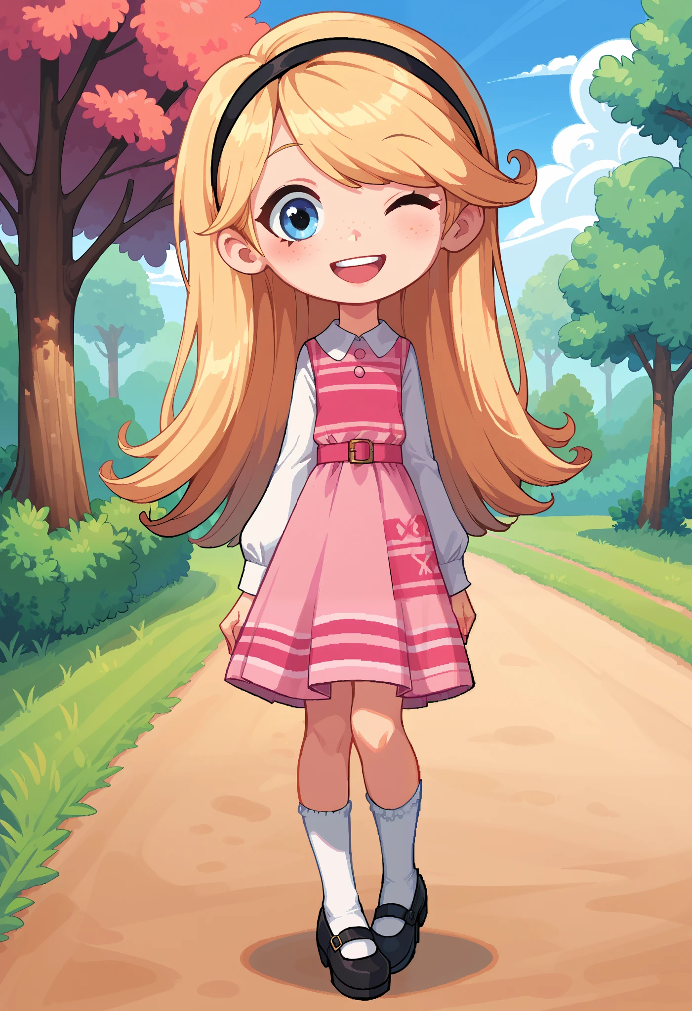 best quality, masterpiece, highly detailed, 1girl, full body, penny peterson, long hair, blue eyes, freckles, blonde hair, skirt, hairband, black hairband, white long tube socks, dress, pink dress, long sleeves, mary janes, cute smile, happy, giggling Expression, laughter, teeth, one eye closed, Sakura trees, joyful, ,excited expression ,brightly sunshine, beautiful art, looking at viewer, pixel art