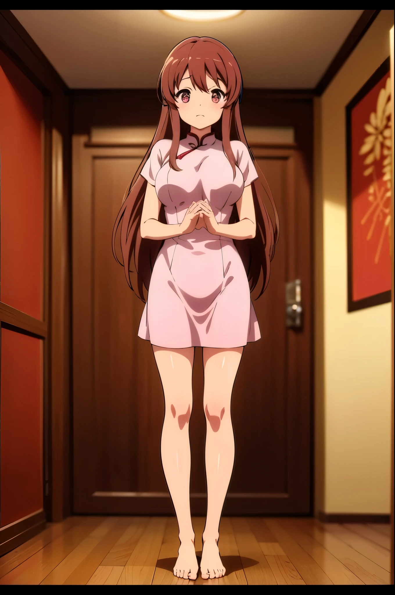 indoor, 1 female inside chinese room, wearing pink china dress, big breasts, bare foot, standing, full body shot, sorrowful, embarrassed break , break anime style, 8k, best quality, masterpiece, ultra high res, high nose1:3,