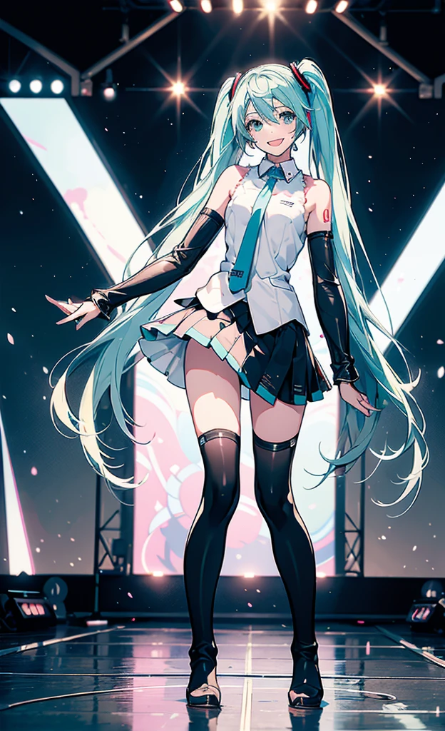 ((full body)), 1 girl, Alone, change,  on the beach ,   beautiful hands,  Hatsune Miku , White， competitive swimsuit, (  black skirt  :1.3),  Detached Sleeve ,  BLACK KNEE HIGH BOOTS ，
break
:d,  happy , smile,  Watch viewers, ✌️, whole body, (Opposition:1.5)
break
stage lights,