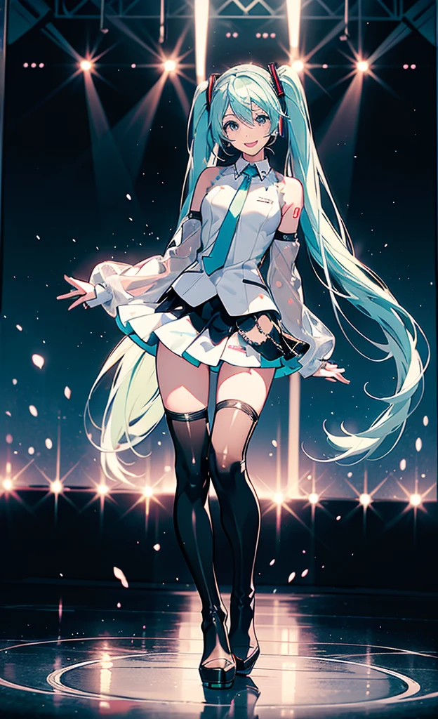 ((full body)), 1 girl, Alone, change,  on the beach ,   beautiful hands,  Hatsune Miku , White， competitive swimsuit, (  black skirt  :1.3),  Detached Sleeve ,  BLACK KNEE HIGH BOOTS ，
break
:d,  happy , smile,  Watch viewers, ✌️, whole body, (Opposition:1.5)
break
stage lights,