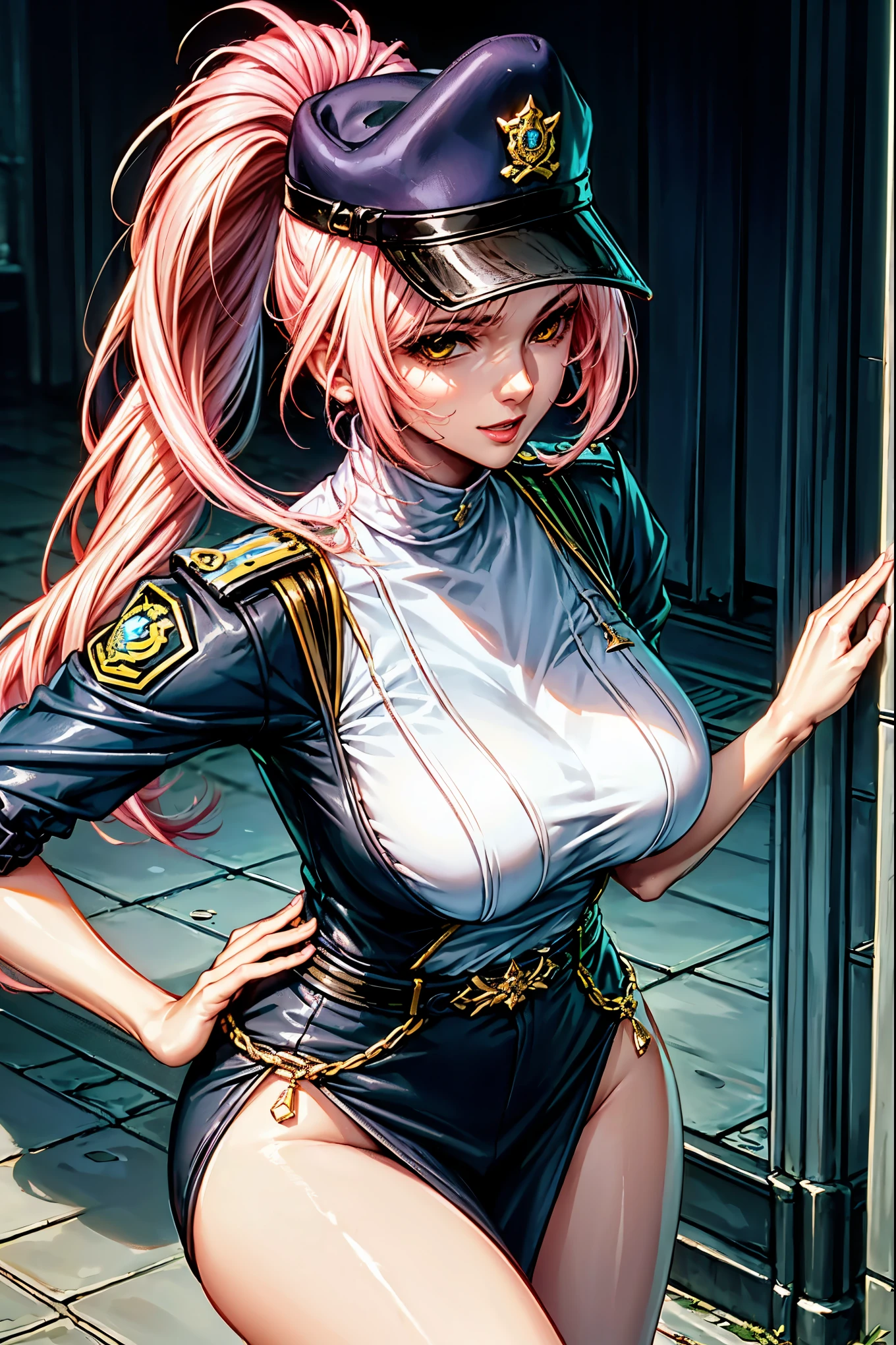 Beautiful woman medium hair, Wearing a hat, Cyberpunk Shorts,masterpiece, Highest quality, High resolution, (An illustration),{Detailed and beautiful eyes}, finely, Detailed and beautiful eyes,Pink Eyes,(((Long pink hair))),(Small breasts),Kunimi Tama,
