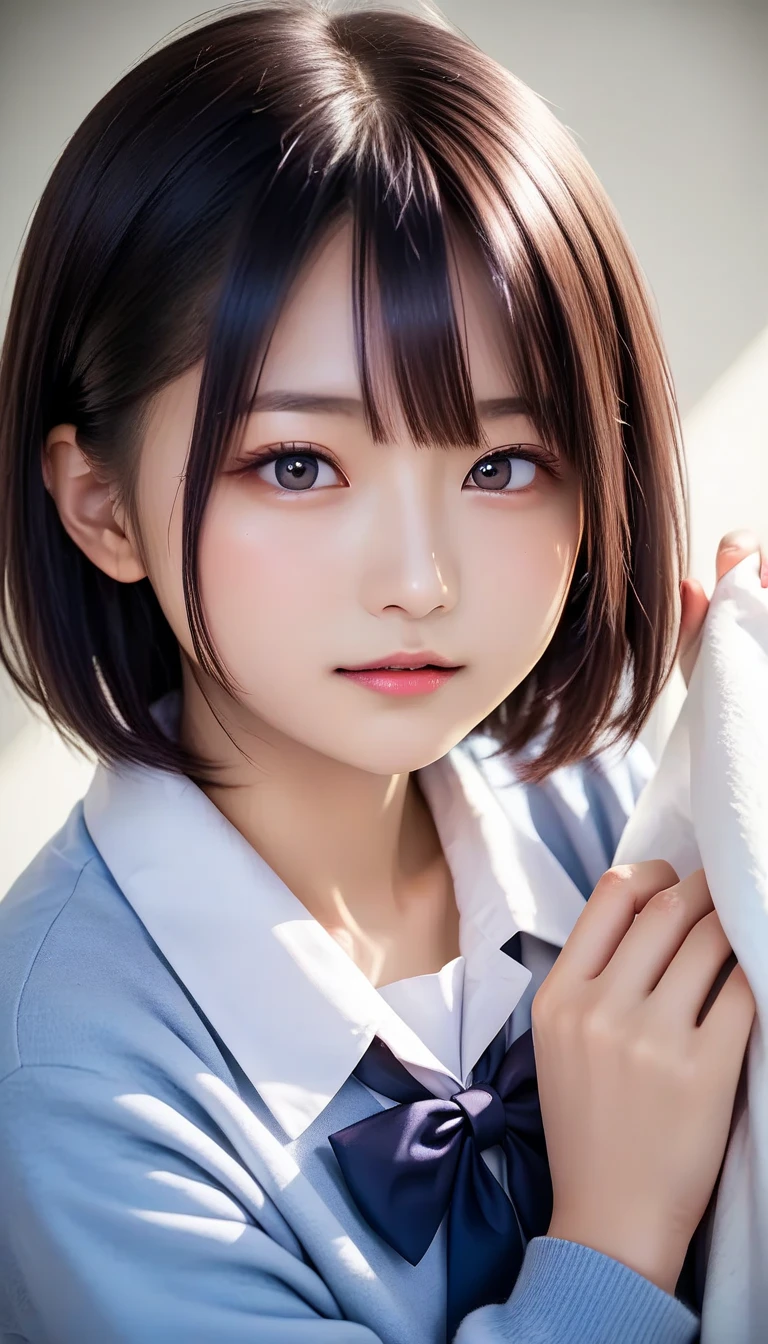  score_9, score_8_up, score_7_up, source_photograph,
 realistic ,photograph,( sharp concentration),(backlit photograph:1.4),Dramatic Shadows,Raw lighting, dynamic angle,
 breaks
Japanese beautiful girl,
 dark eyes,( small eyes :1.1),
 slender round face ,
Mid-length hair, Invalid,
( Top Quality Masterpiece:1.5),  super detailed,  high definition , 8k,  Beautiful Details, 超 high definition , 1 cute girl,  brown-skinned girls getting their sheets dirty,  dark blue hair , Blue-gray eyes,  short haired , Well-tanned skin,Remove the dark pink brassiere  , white school uniform, chest,  front open, Cowboy Shot 、 navy blue cardigan with a good view、classroom