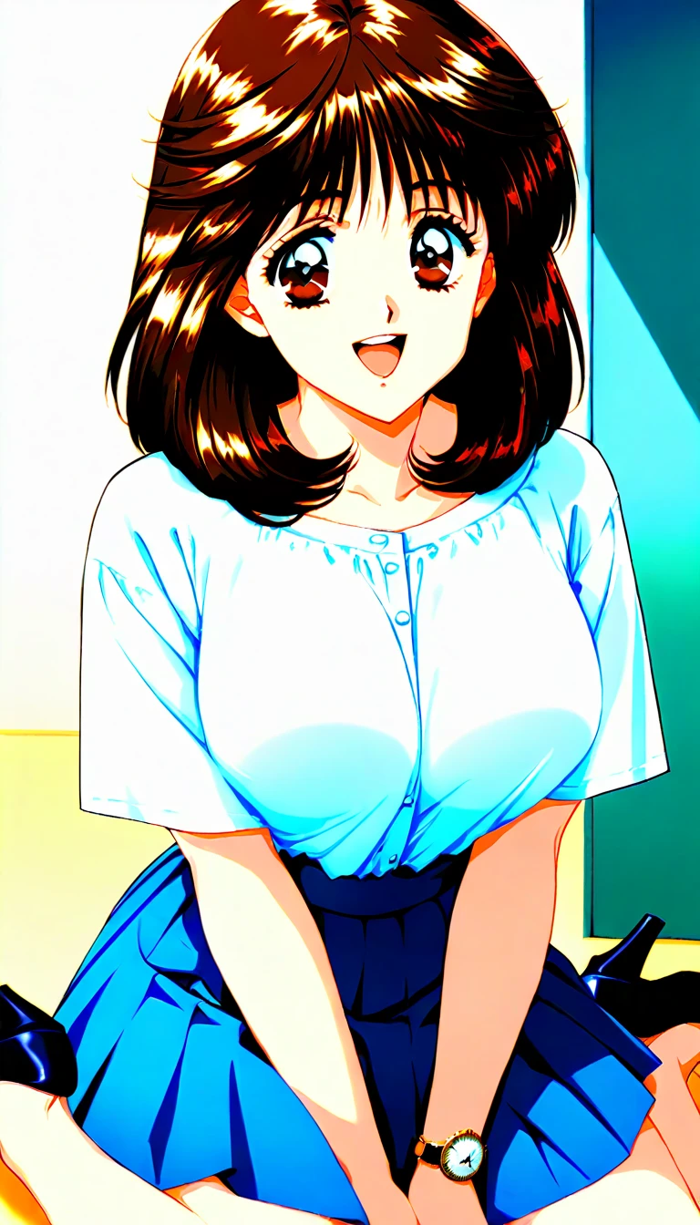   masterpieces during breakfast ,  top quality, Good quality, Mochida Mako ,  brown hair,  Brown Eyes ,  medium hair up to buttocks,  Big Breasts , , smile,  open mouth,
 1 girl, Alone, smile,  skirt,  Watch viewers, indoor, Short sleeve,  shirt,  Retro Art Style , , blue  skirt,  upper body, pleated  skirt,  v arms,
bangs, full body style that reflects your whole body、Bare legs、 black high heel pumps 、