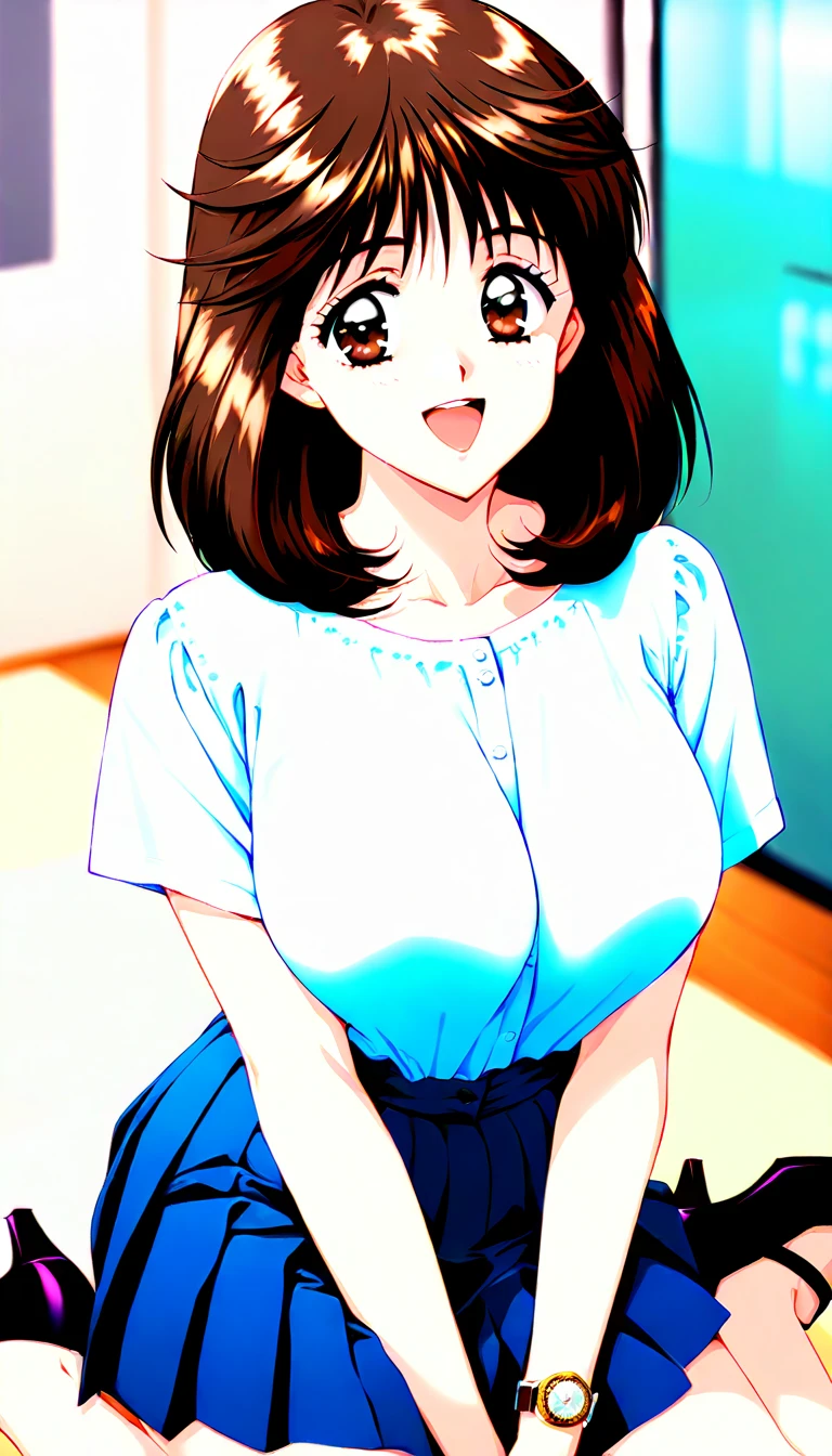   masterpieces during breakfast ,  top quality, Good quality, Mochida Mako ,  brown hair,  Brown Eyes ,  medium hair up to buttocks,  Big Breasts , , smile,  open mouth,
 1 girl, Alone, smile,  skirt,  Watch viewers, indoor, Short sleeve,  shirt,  Retro Art Style , , blue  skirt,  upper body, pleated  skirt,  v arms,
bangs, full body style that reflects your whole body、Bare legs、 black high heel pumps 、