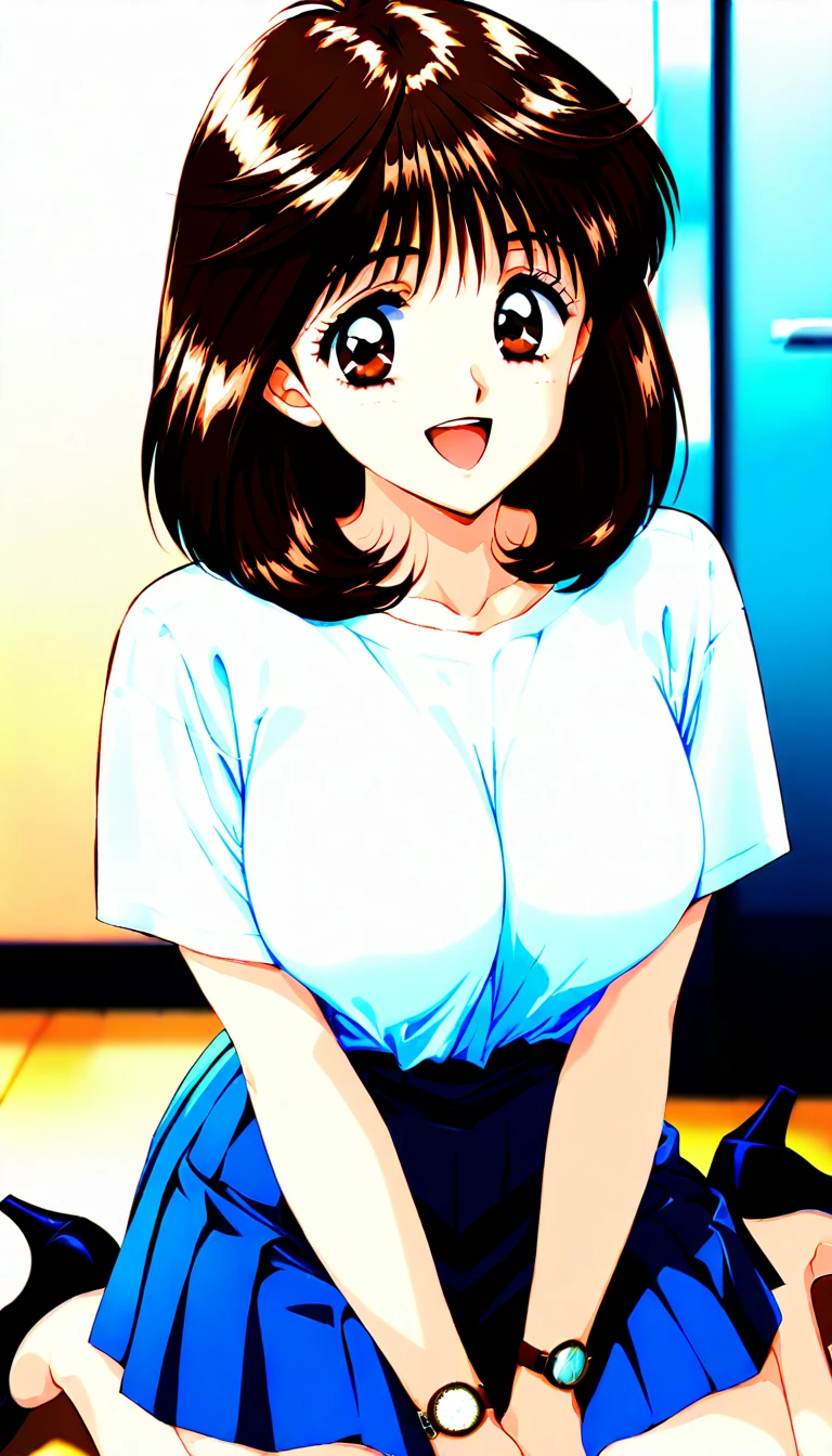   masterpieces during breakfast ,  top quality, Good quality, Mochida Mako ,  brown hair,  Brown Eyes ,  medium hair up to buttocks,  Big Breasts , , smile,  open mouth,
 1 girl, Alone, smile,  skirt,  Watch viewers, indoor, Short sleeve,  shirt,  Retro Art Style , , blue  skirt,  upper body, pleated  skirt,  v arms,
bangs, full body style that reflects your whole body、Bare legs、 black high heel pumps 、