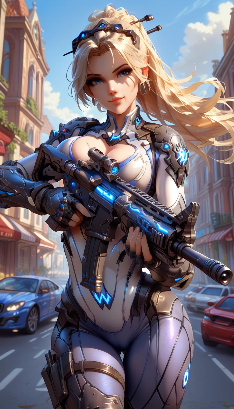 ultra-detailed, 1girl, Widowmaker, Overwatch, ((masterpiece)), (best quality), (highres), 16K, blonde hair, long hair, blue eyes, wearing tactical clothes, tactical belt, knee pads, boots, black thong, busty body, large breasts and a beautiful ass, showcasing cleavage, legs, hips, (holding assault rifle), looking at viewer, smile, detailed face, detailed hair, detailed body, streets background