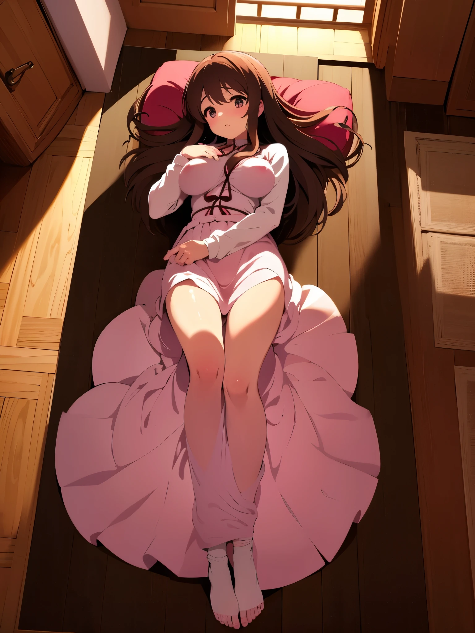 indoor, 1 female inside chinese room, from above, focus chest, wearing pink china dress, big breasts, lie on one's back, sorrowful, looking away break , break anime style, 8k, best quality, masterpiece, ultra high res, high nose1:3,