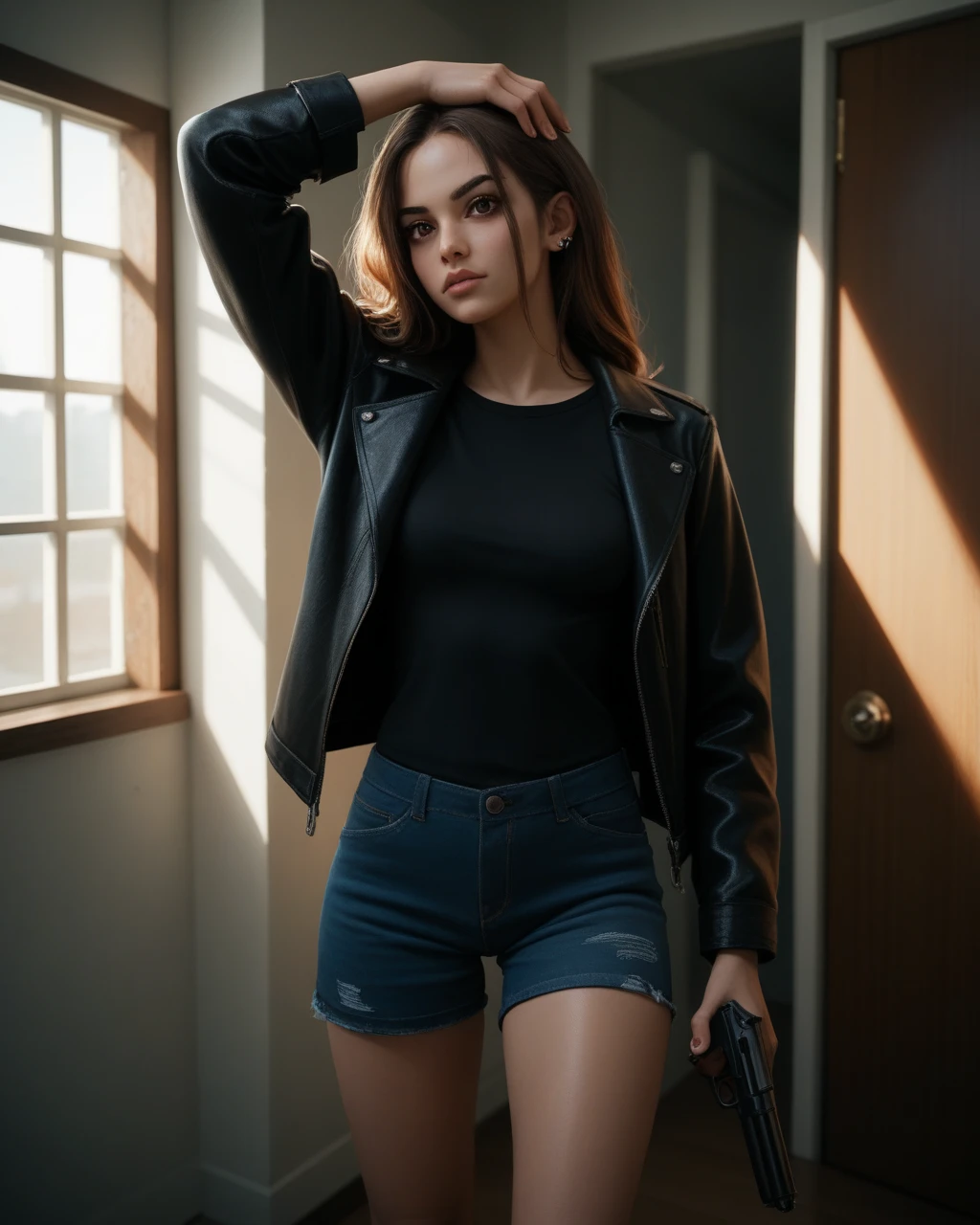  realistic skin,1 ,close-up,shortening, fish-eye lens ,vtuber , brown hair ,Purple smacks , brown eyes , holding the gun sideways , pointing a gun at the spectator, medium breasts, leather jacket,black shirt,shorts dolphin azul, looking at the naked spectator ,standing, hand over his own head ,shoe,piercings de orelha,inDoors,sunlight, school corridor , andproducts ,Doors,