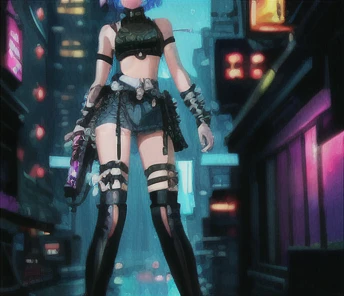 Post-apocalyptic sexy female warrior in shirt and black fishnets, with some barbed wires around her leg thigh, scantily clad, cyberpunk model wearing black leather, black dress, black skintight and skintight crop top, ((exposed midriff)), freckles, trending on instagram, in the style of tarot card, art by Dmitry Sergeev