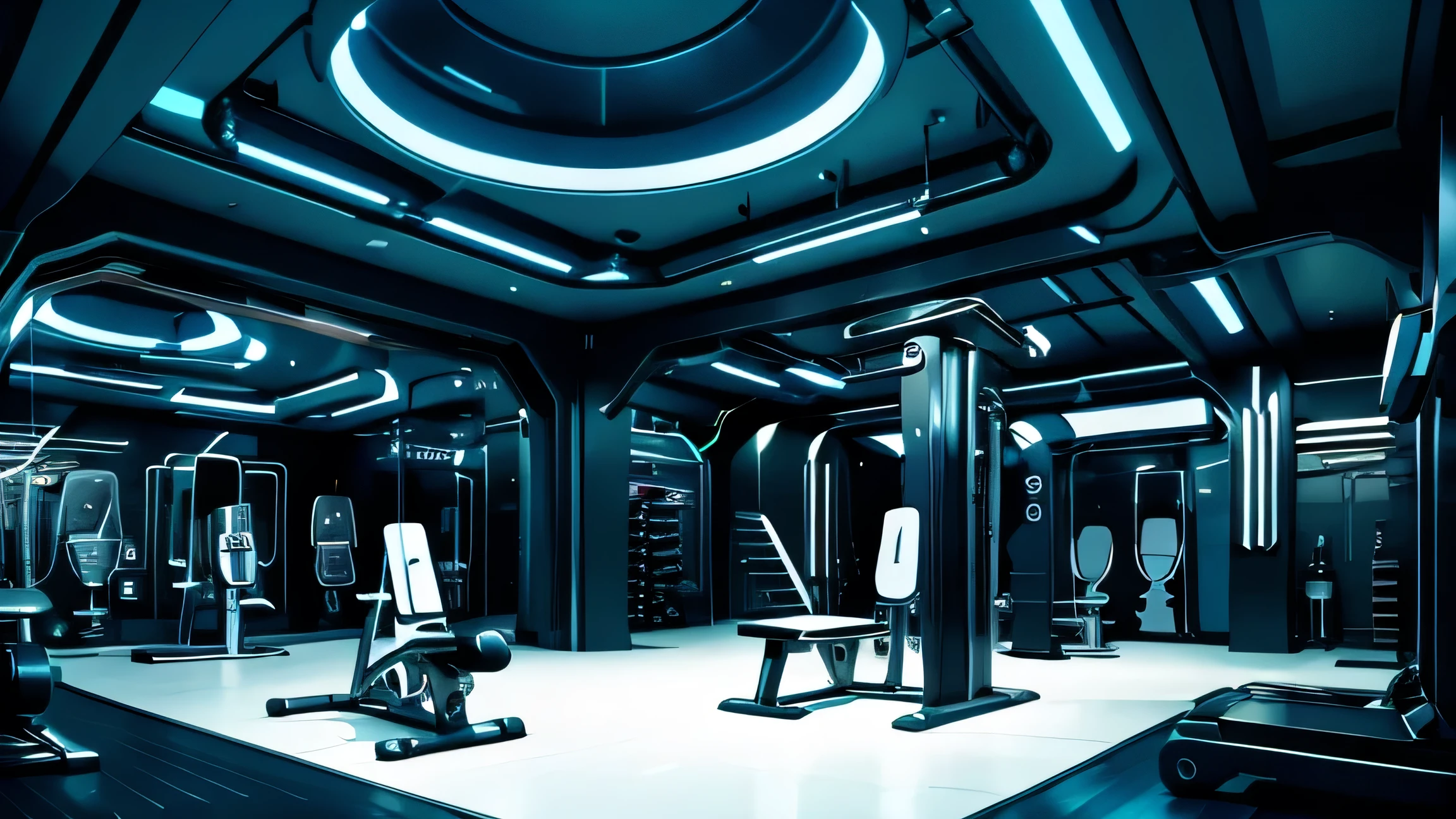 futuristic gym with black, blue neon lights, many dumbells (no human)