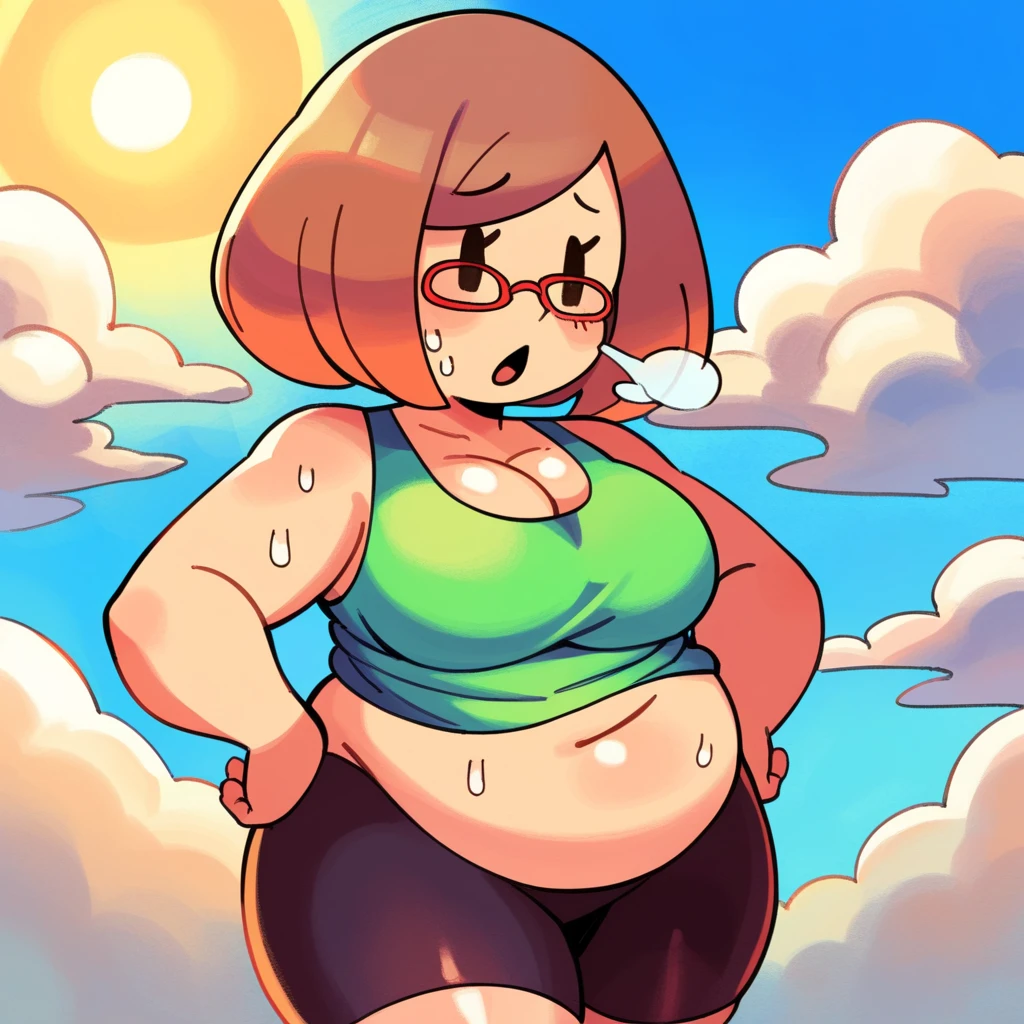 Misty from pokemon, chubby belly, sitting near a lake, forest