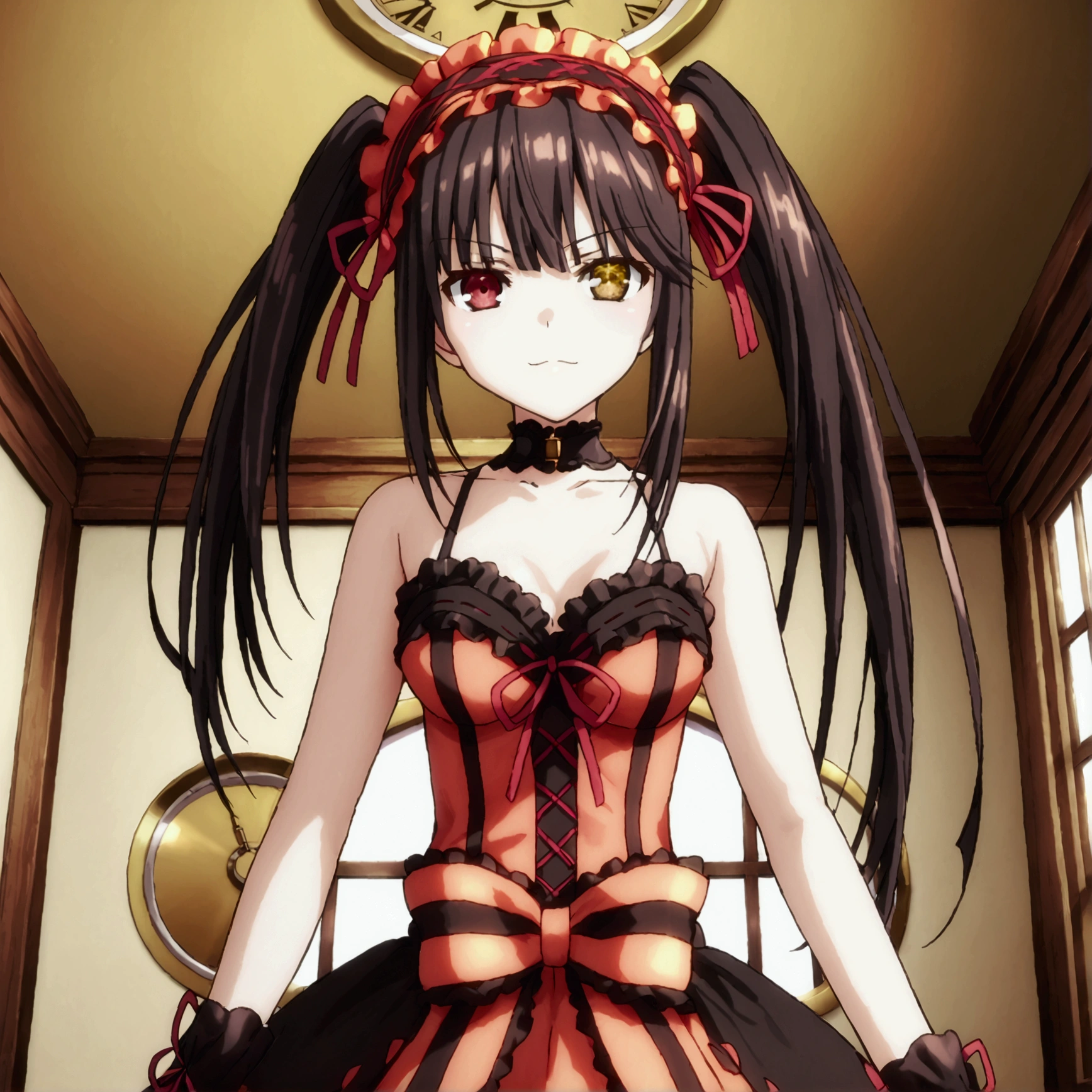 kurumi tokisaki, long hair, twintails, heterochromia, yellow eyes, clock eyes ,symbol-shaped pupils, dress, hairband, stand, Confident pose, Room, Displeased face, Beautiful view, good atmosphere