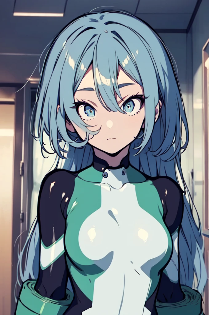 1 cute girl, light blue hair, long messy hair, blue-green eyes, very big chest, tight clothes. Although she has an enviable physique, due to her nefarious personality, most people see her as nothing more than a pretty face and nothing more. She is the typical spoiled brat with no brains incapable of doing anything without being surrounded by minions who do everything for her.