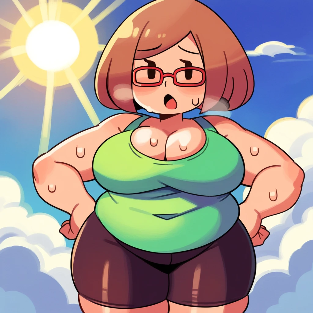 zPDXL, score_9_up, score_8_up, score_7_up, best quality,  source_anime, blue background, clouds, sun, sun rays, detailed background, BREAK 1girl, solo, nikki_(/swapnote/), brown hair, dot eyes, red glasses, bob cut, green tank top, no sleeves, bike shorts, cleavage,cowboy shot, tired, exhuasted, out of breath, sweating, breathless, sweating profously, drenched in sweat, chin sweat, hands on hips, chubby, big arms, thick thighs, open mouth, full body