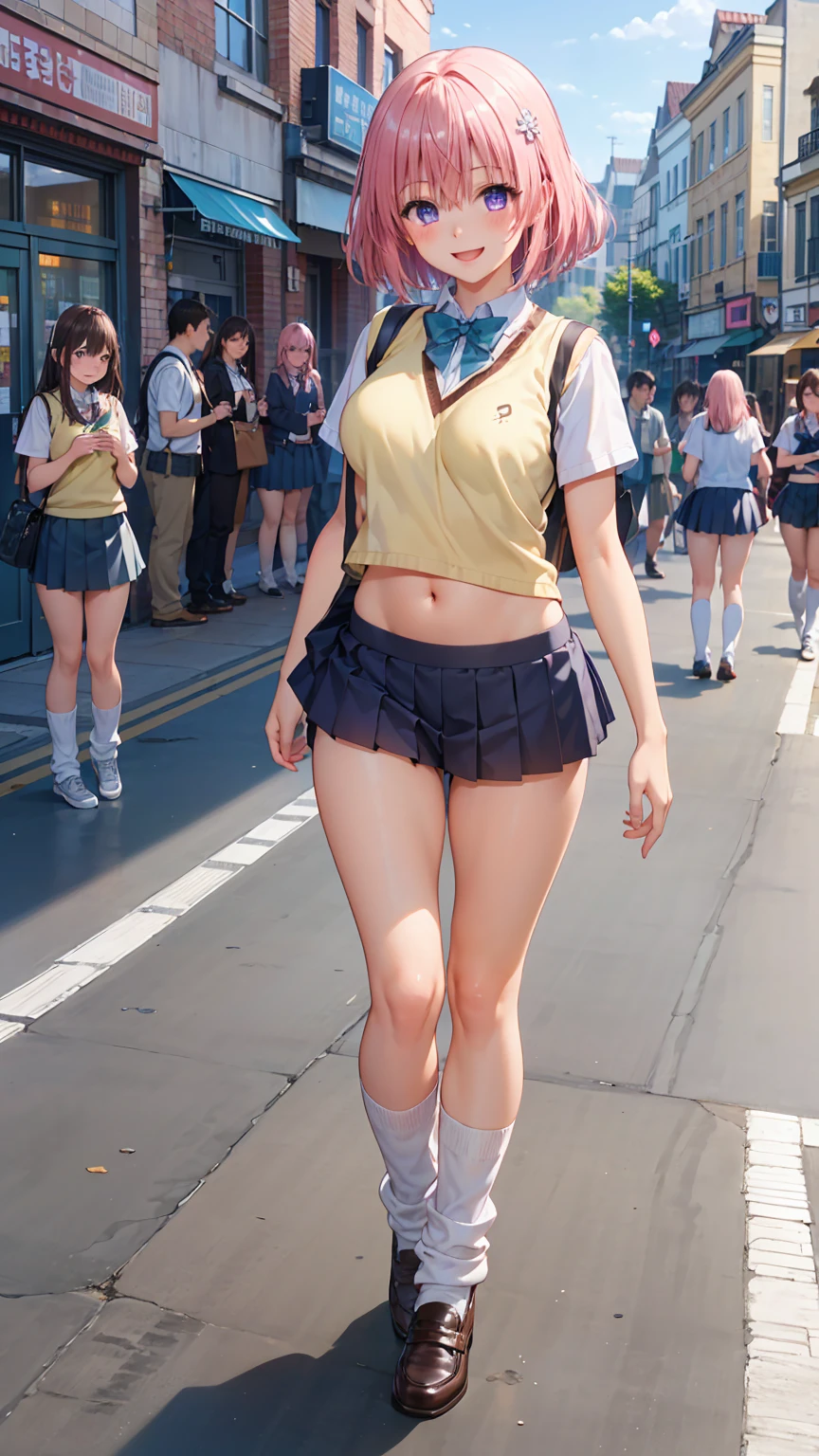 (((masterpiece, Highest quality, High resolution, 超High resolution, Pixel Perfect, Written boundary depth, 4K, RTTX10.0))), Beautiful Anime Woman, Beautiful art style, Anime characters, ((Smooth texture, Realistic texture, Anime CG style)), Exact finger count、Exact number of legs、(Exact number of arms:1.0, Exact number of hands:1.0), (Perfect hands, Perfect Anatomy), Cinematic, Realistic, Extremely detailed CG, Daytime lighting, Perfect lighting, Best Shadow, The best natural light, whole body, Perfect body, ((Long Hair, bangs, Dark brown hair, Bobcut)), (Detailed face, Beautiful Face, Beautiful eyelashes), (An adult woman is walking next to me.., Pull up your skirt with your hands.:1.4), (Fashionable white shirt, Sailor collar, Navy Knee Socks, loafers, Navy pleated mini skirt:1.3)、Angle from the front, ((Stylish shiny satin panties, Pink panties with side ties, Pink lace trim:1.3)), (beautiful and big breasts:1.2), (Beautiful and thin thighs:1.3), Feeling embarrassed, (blush:1.2), (Very embarrassed look:1.4), Very patient expression, (Urban hustle and bustle, backgroundにビル, Sidewalk, backgroundの交差点, background, Crowd of people in clothes々々々:1.4), Her breasts are visible