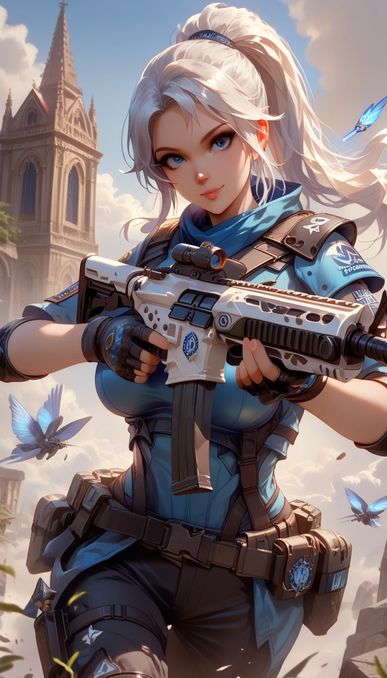 ultra-detailed, 1girl, j37t, ((masterpiece)), (best quality), (highres), 16K, long hair, white hair, blue eyes, ponytail, wearing tactical gear, tactical belt, knee pads, black thong, busty body, large breasts and a beautiful ass, showcasing cleavage, legs, hips, (holding assault rifle), looking at viewer, smile, detailed face, detailed hair, detailed whole body, war background