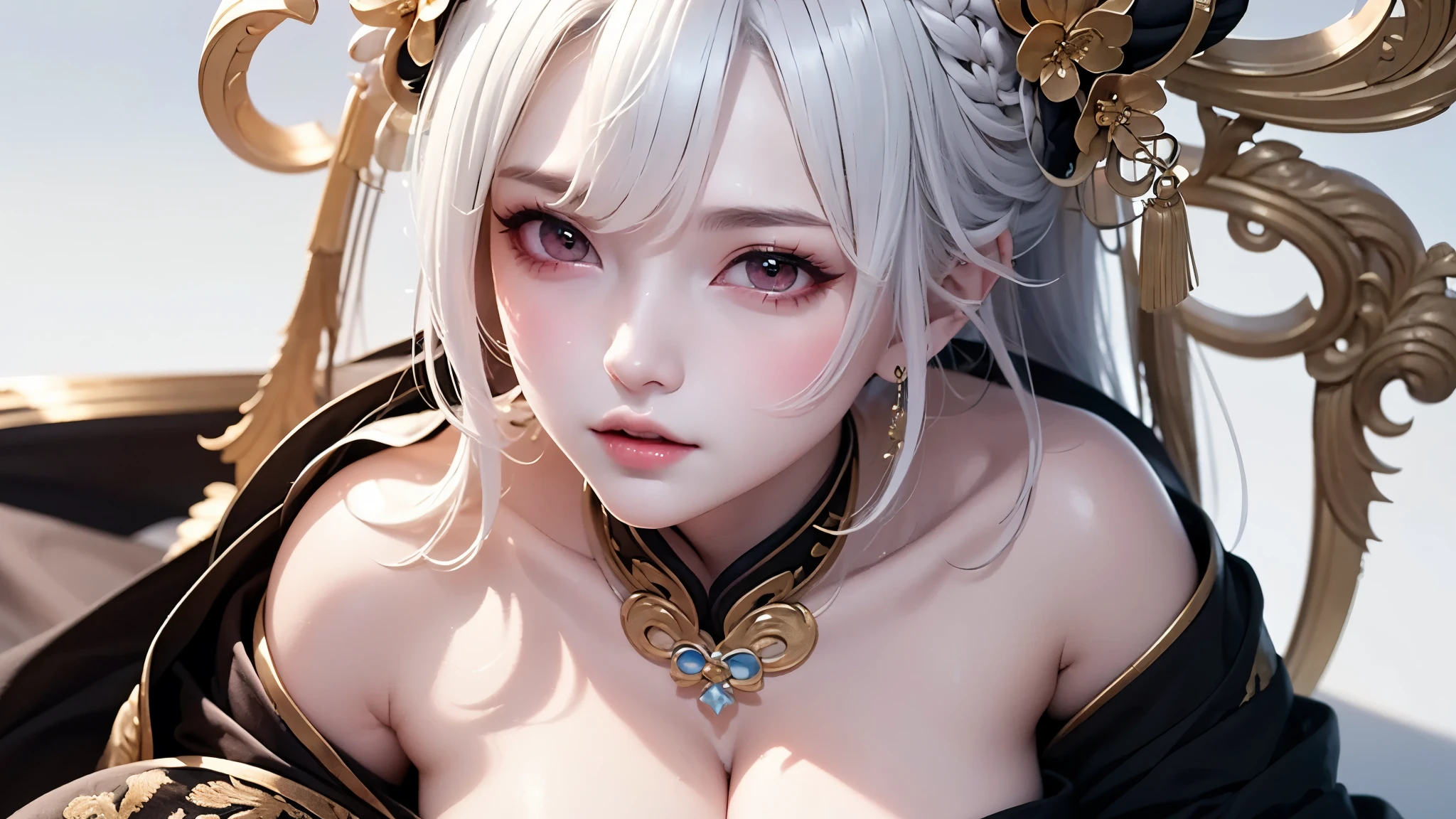 super high quality, masterpiece, Perfect illustration, Very detailed:1.6, 1girl, 23 years old, cute girl, white hair, sharp and big beautiful eyes, large breasts, bright skin, Tattoo under the eyes. fantasy royalty, onmyoji, majesty, asian dress. black and gold clothes. simple background
