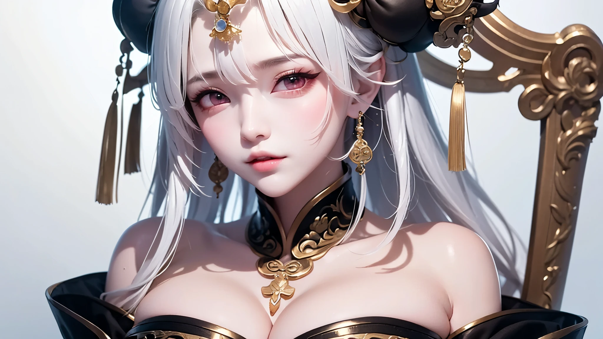 super high quality, masterpiece, Perfect illustration, Very detailed:1.6, 1girl, 23 years old, cute girl, white hair, sharp and big beautiful eyes, large breasts, bright skin, Tattoo under the eyes. fantasy royalty, onmyoji, majesty, asian dress. black and gold clothes. simple background
