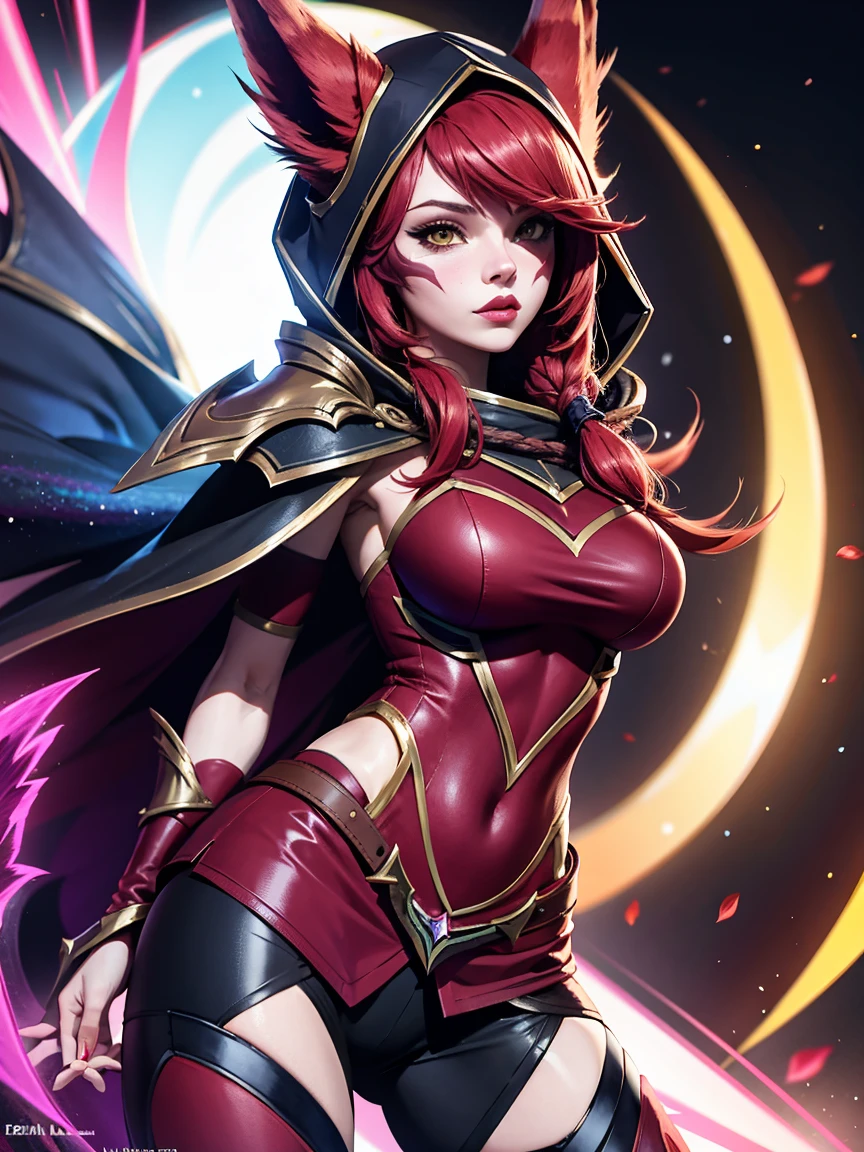 1 girl, 3d, afterimage, rote Haar, breasts, pull clothes, Animal ears, (xayah Hoodie), (xayah Cape), Cowboy-shot, contrasting sleeves, looking down at viewer, Head out of frame, xayah (League of Legends), lips, Long hair, medium breasts, alone, tight attire, tight Hose, sexy