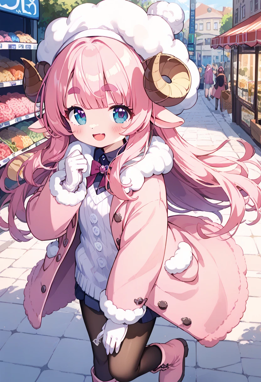 score_9, score_8_up, score_7_up, source_anime, (masterpiece:1.3, best quality:1.3, 8k,  highres icon:1.3, good anatomy), 1girl,  pink fluffy long hair\ Fluffy Long Hair, Sheep&#39;s round horns, Thick eyebrows, smile, I'm looking up at Fluffy Wool Coat , pink vertical stripe sweater,  black tights , Big gloves,  yarn hat,  lace-up boots, Lottery Rattle Break Shopping Street, Lively, Crowd, End of the year