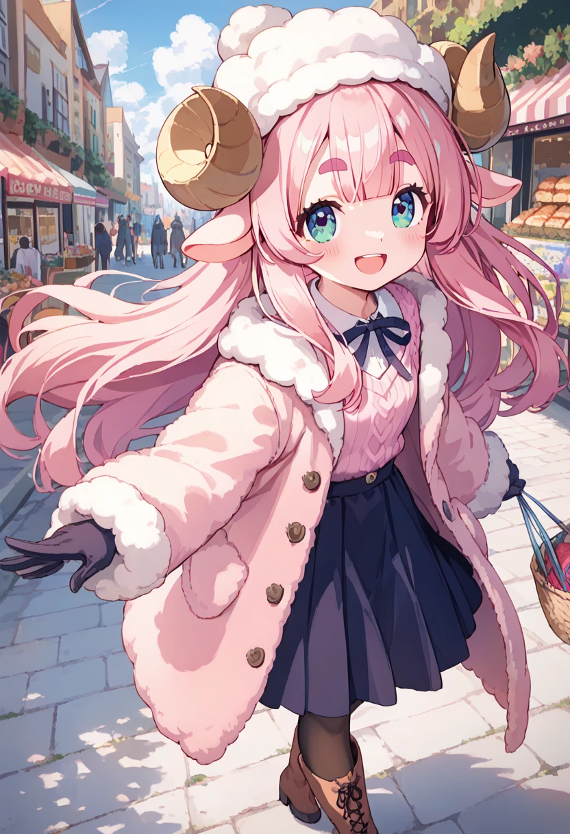 score_9, score_8_up, score_7_up, source_anime, (masterpiece:1.3, best quality:1.3, 8k,  highres icon:1.3, good anatomy), 1girl,  pink fluffy long hair\ Fluffy Long Hair, Sheep&#39;s round horns, Thick eyebrows, smile, I'm looking up at Fluffy Wool Coat , pink vertical stripe sweater,  black tights , Big gloves,  yarn hat,  lace-up boots, Lottery Rattle Break Shopping Street, Lively, Crowd, End of the year