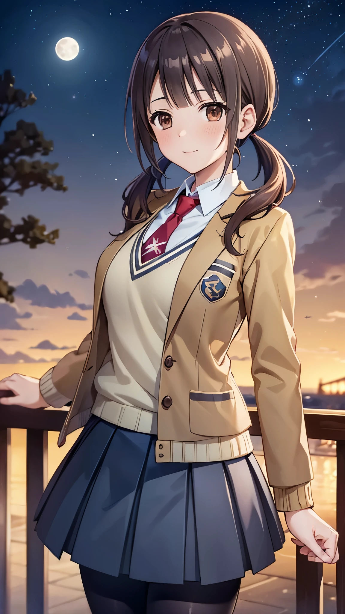 okitasawa, low twintails,brown jacket,(masterpiece, best quality) red necktie, yellow sweater vest, blue skirt, pantyhose, red muffler,deep night sea,starry sky,torogao,upper body shot,red cheek,full moon, 