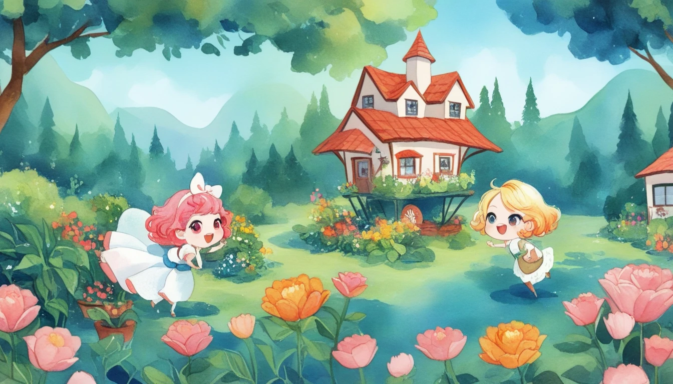 (( top quality)), ((masterpiece)), ( Details), (watercolor), (( 2 girls)), Chibi,  yellow and pink gradient hair wearing a big dress,  inner color ,  bob hair, (Smiling Face), Pink Cheeks, I'm wearing a simple dress, ribbon, Deep Forest,  in front of a small house in the woods , There are potted plants around the house, A garden with colorful flower fields ,  little birds are flying, Outdoor, A beautiful landscape with lots of greenery,  cinematic , Saturated colors, watercolor