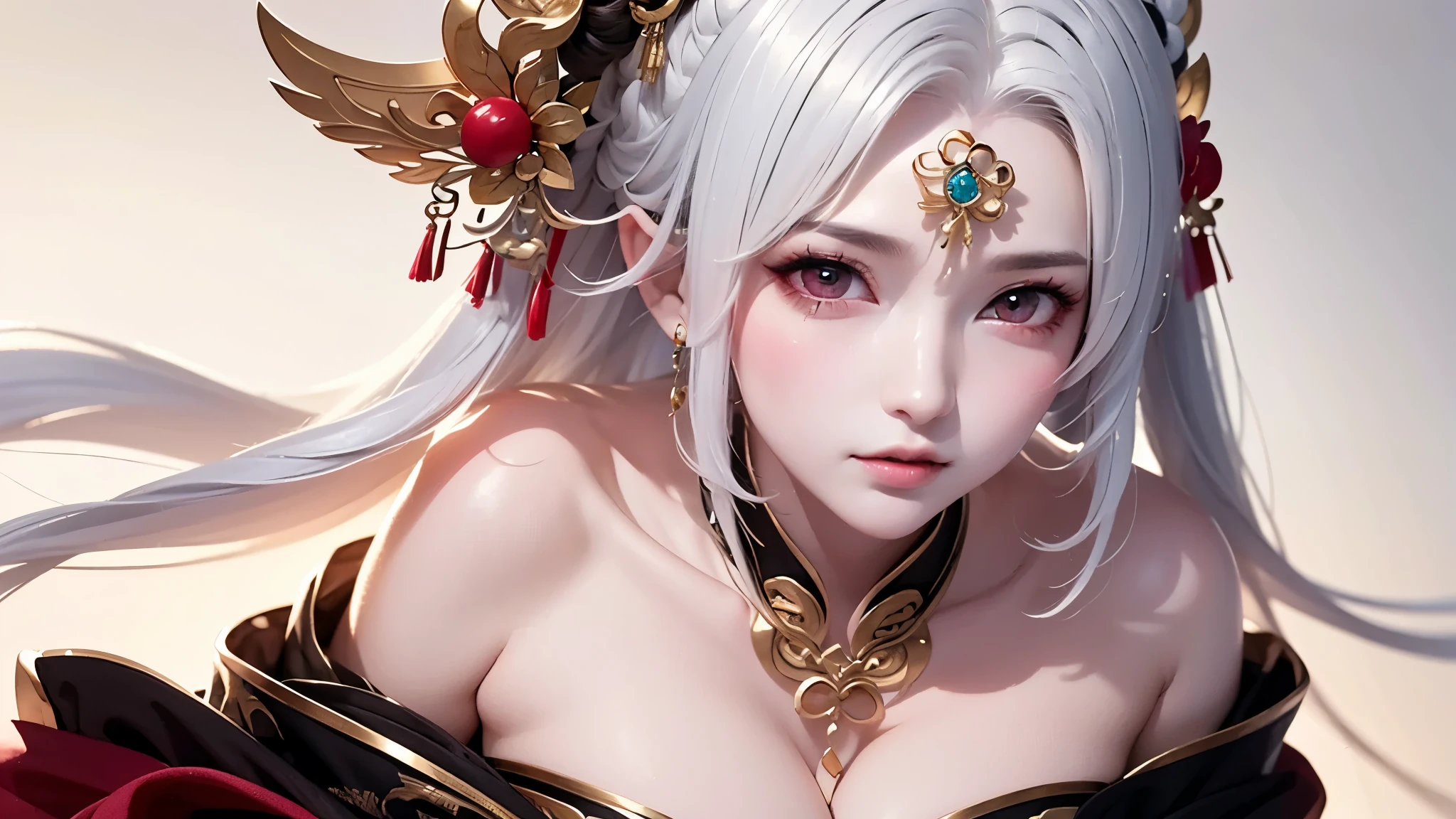 super high quality, masterpiece, Perfect illustration, Very detailed:1.6, 1girl, 23 years old, cute girl, white hair, sharp and big beautiful eyes, large breasts, bright skin, Tattoo under the eyes. fantasy royalty, onmyoji, majesty, asian dress. black and gold clothes. simple background
