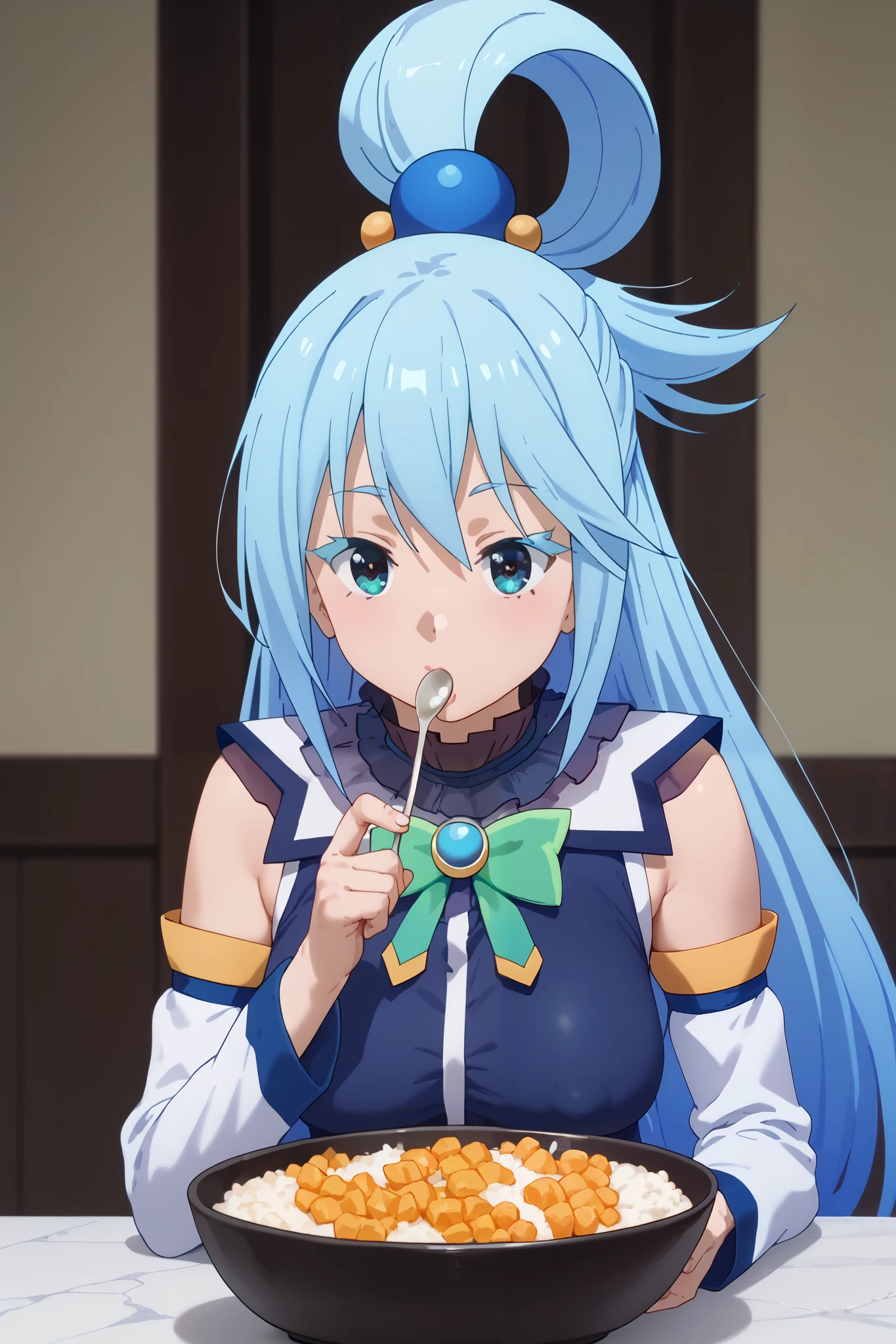 Masterpiece, 4K, Ultra detailed, pretty girl eating a big bowl of rice,score_9, score_8_up, solo, masterpiece, best quality, highres ,saggy breast,Aqua_(Konosuba),aqua,high ponytail,holding a spoon,(((long eyelashes)))