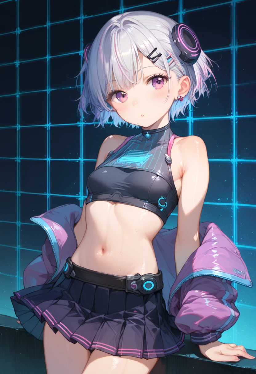 score_9, score_8_up, score_7_up, beautiful, perfect eyes, futuristic idol with short silver hair and glowing violet streaks, wearing a holographic crop top and pleated skirt, small breasts, anime-style, waist-up, neon grid background