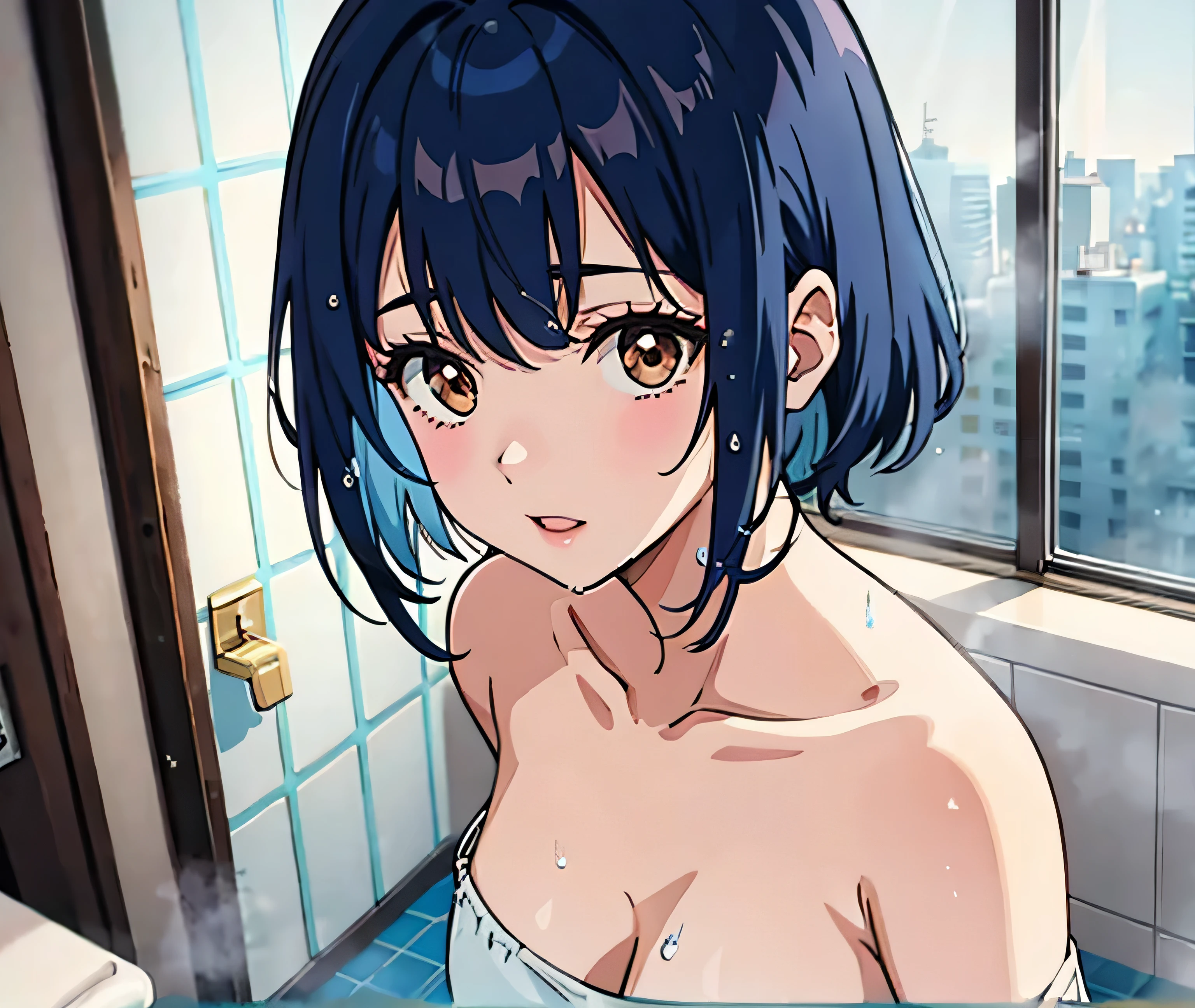 masterpiece, Highest quality, High resolution, (Mizuno Ami),1990s \(style\),Blue swimsuit、Blue Bikini,(C cup beautiful breasts),Sweating all over the body、vapor,Exposed nipples,exposed breasts,Hosomi、sexy、A face writhing in pleasure、The whole body is covered in sex fluids、Sweaty、Top-down composition、Crying face、Semen splattered on face、Anime-style painting style,Blue Hair、Shortcuts、Composition focusing on the upper body,Poolside background