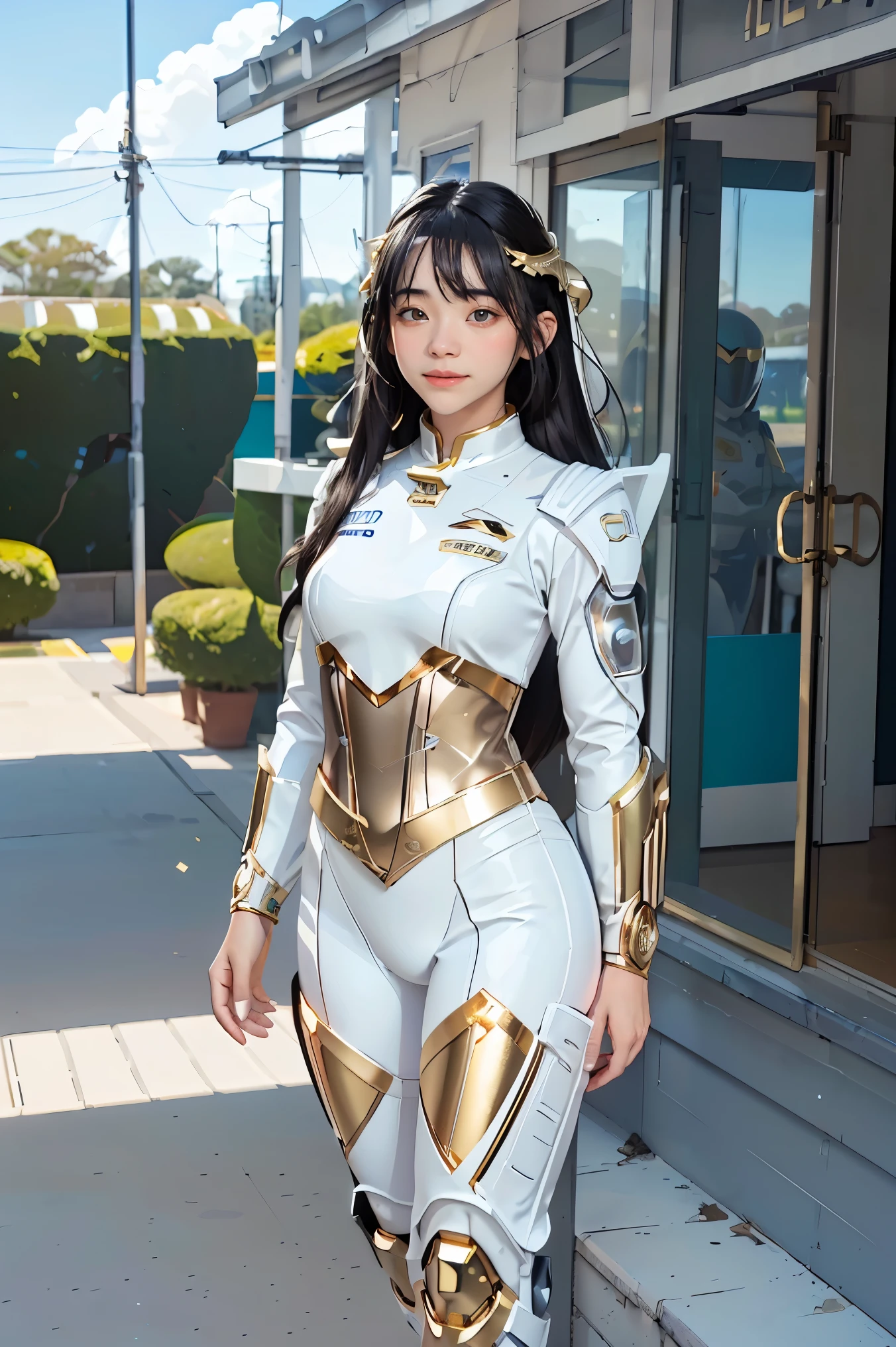 ((masterpiece, best quality, extremely detailed), volumetric lighting, ambient occlusion, colorful, glowing),
1girl, solo, young girl, (dark hair), long hair, halo, aura, sacred, goddess, cleric suit, (white outfit with gold detailst:1.3), armor,
outdoors, sunset, sky, clouds, space, (fantasy theme:1.2),ม 1girl, full body, Illustration, cinematic light, high resolution, best quality, ultra-detailed, masterpiece, power suit, powerranger, suit, spd, (Silver and Gold chest plate), white and gold detail, (((white suit))), ((police theme:1.2))