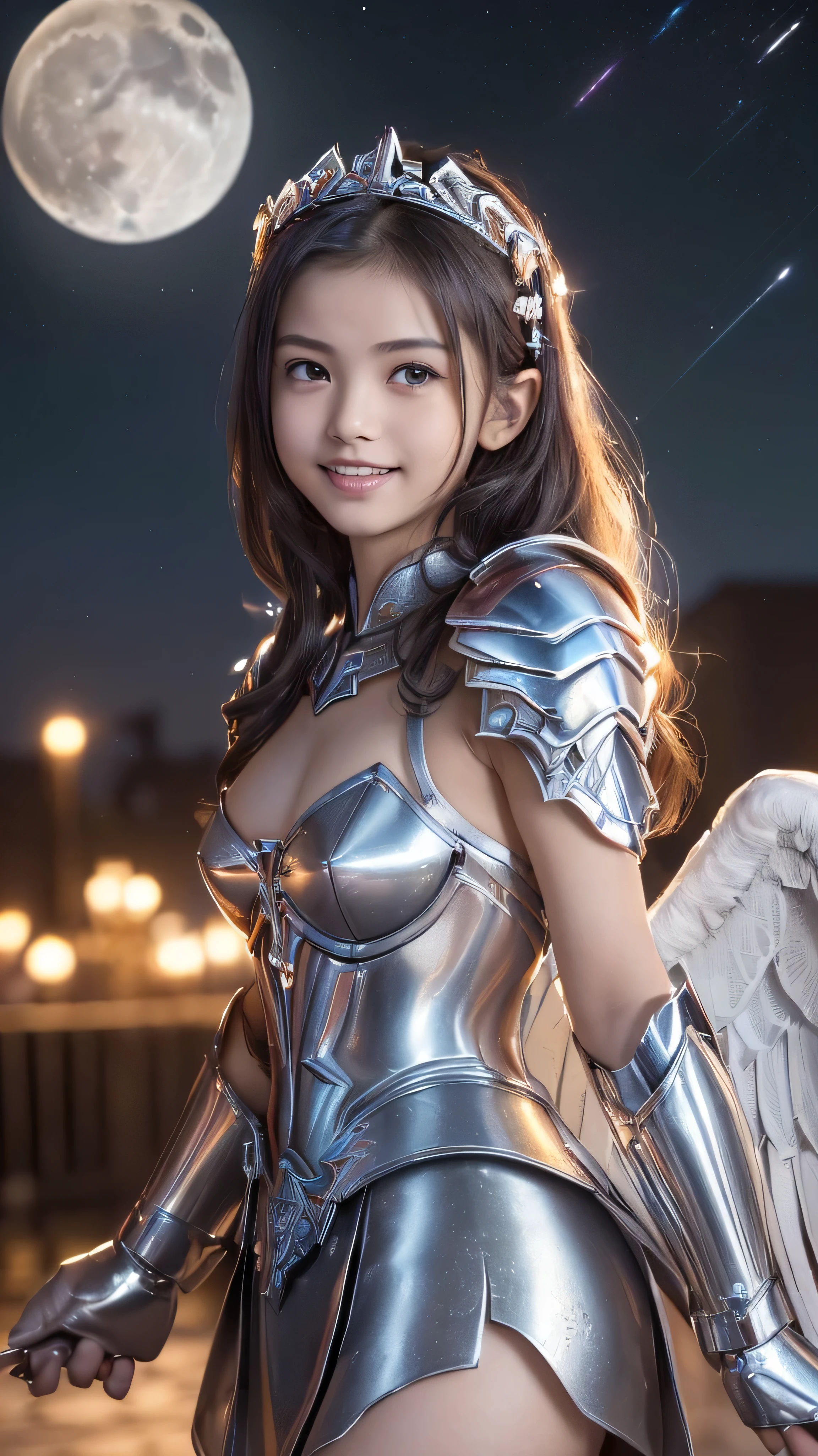 (Full body: 1.4),
(16-year-old girl masterpiece 1.4),
(Small breasts: 1.4),
(Realistic 16-year-old girl: 1.4), (Realistic: High detail: Masterpiece of Ashida Mana: 1.4),
(Baby face: 1.4), (Beautiful face: 1.3), (Beautiful masterpiece of eyes with clear outlines and super high resolution: 1.3), (Beautiful lips with good shape: 1.4), (Cute smile: 1.3), (Beautiful teeth and alignment: 1.4), (Beautiful nose: 1.4), (Cute girl: 1.3), (Lolita: 1.4), (Height 158cm: 1.3),
(Cute face: 1.3), (Beautiful hand with 5 fingers: 1.2),
((16-year-old Valkyrie girl with a young face: 1.4)), (Winged tiara: 1.3),
(Metallic silver armor with detailed decoration: 1.3),(Beautiful white angel wings on both sides: 1.3),(Weapon poised: 1.3),
(Cloak: 1.3),
(Highly detailed: 1.3),(Wallpaper: 1.3),(Dynamic pose: 1.2),,(RAW photo, highest quality: 1.2),(Realistic) Photorealistic: 1.2),(Close-up portrait photo: 1.2),(Moon, moonlight, close-up moon, large moon, soft lighting: 1.3),(Looking at the viewer: 1.2),(Directly above: 1.2),(Depth of field: 1.2),(Castles, colorful star trails outdoors, Gothic architecture: 1.3),(Photorealistic: 1.3),
,(16k quality,: 1.3), (Masterpiece, : 1.3), (Very Detailed, : 1.3), (Ultra Detailed, : 1.3), (Ultra High Resolution, : 1.3), (All Detailed, : 1.3), (Highest Quality, : 1.3), (Ultra High Quality, : 1.3), (Unreal Engine 5.3, : 1.3), (All in Full Color, : 1.3),
