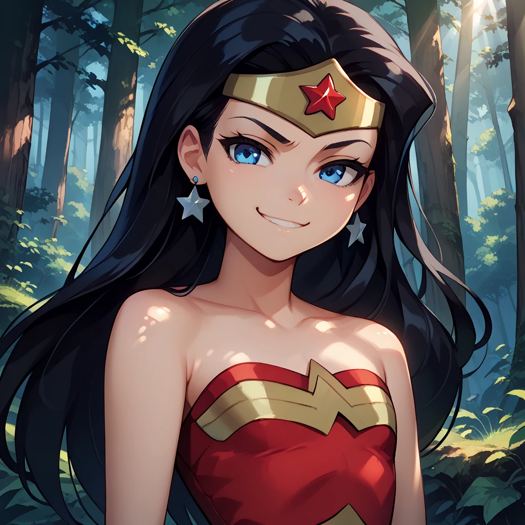 score_9, score_8_up, score_7, BREAK, solo, cute, 1girl,  ww_ju, black hair, long hair, blue eyes, star (symbol), earrings, upper body focus, tiara, wrist braces,  forest, smirk, looking at viewer, sunlight, shadow, natural lighting